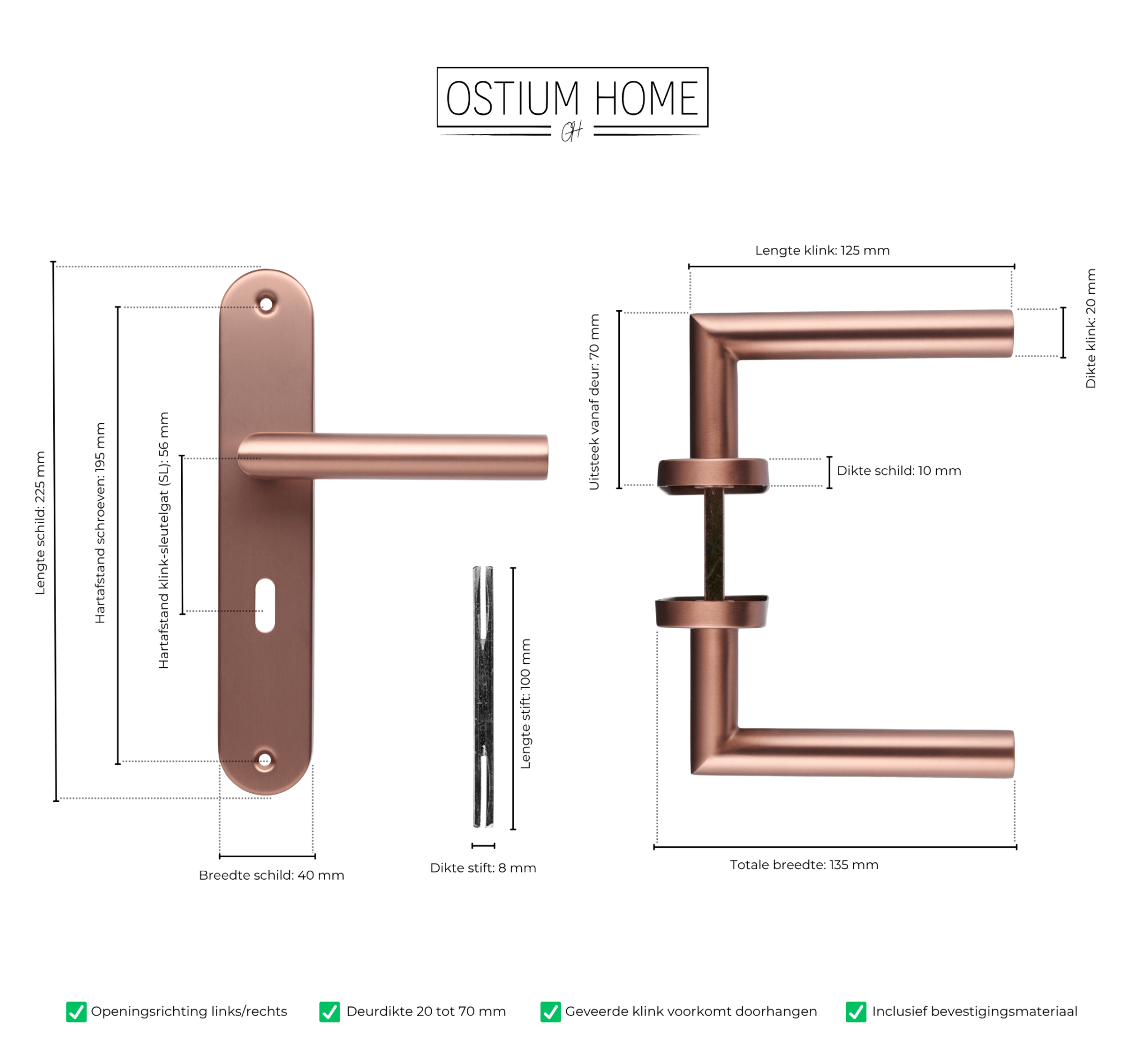 Technische afmetingen van koperen deurklink met sleutelgat