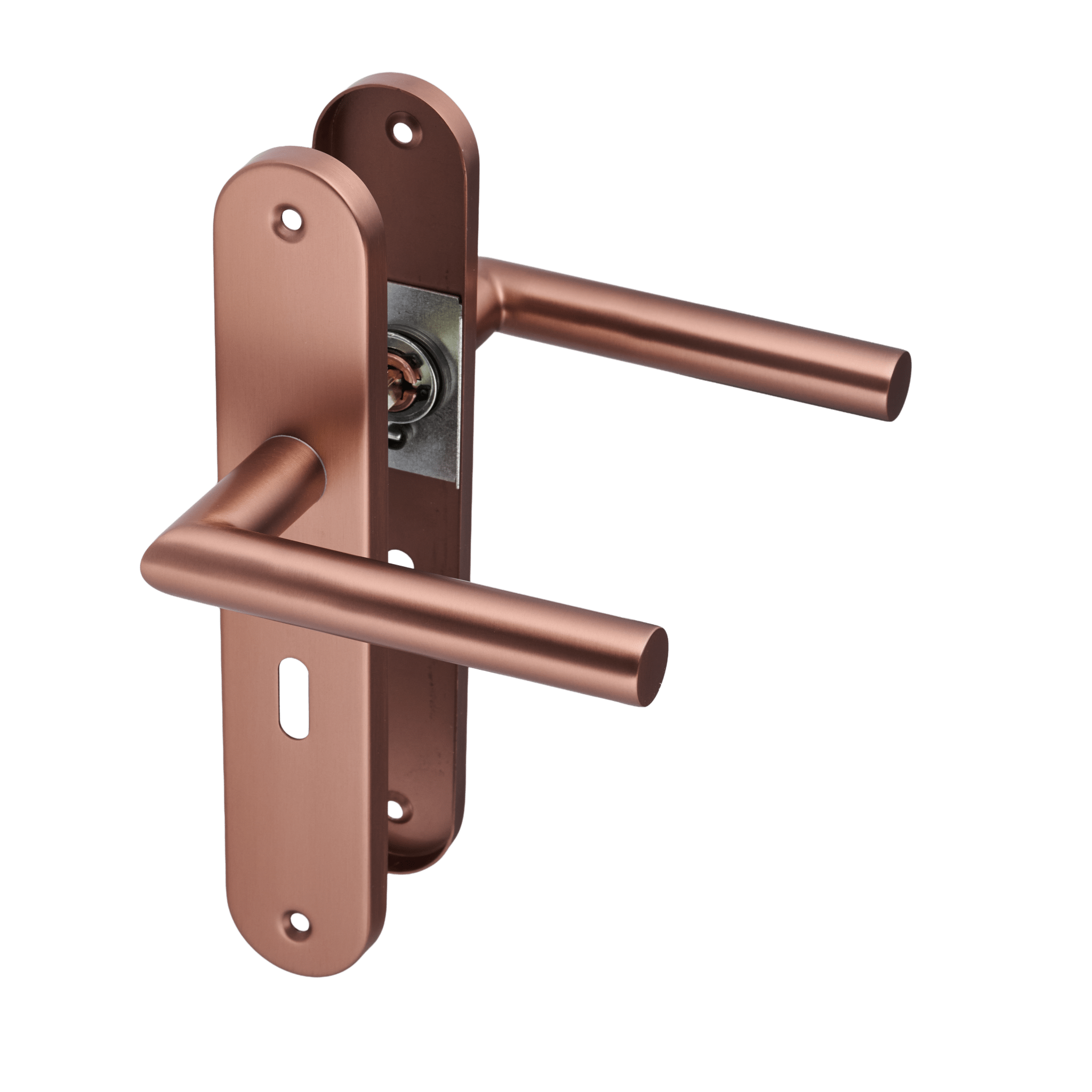 Deurklink op schild met sleutelgat van Ostiumhome, in kleur mat koper.