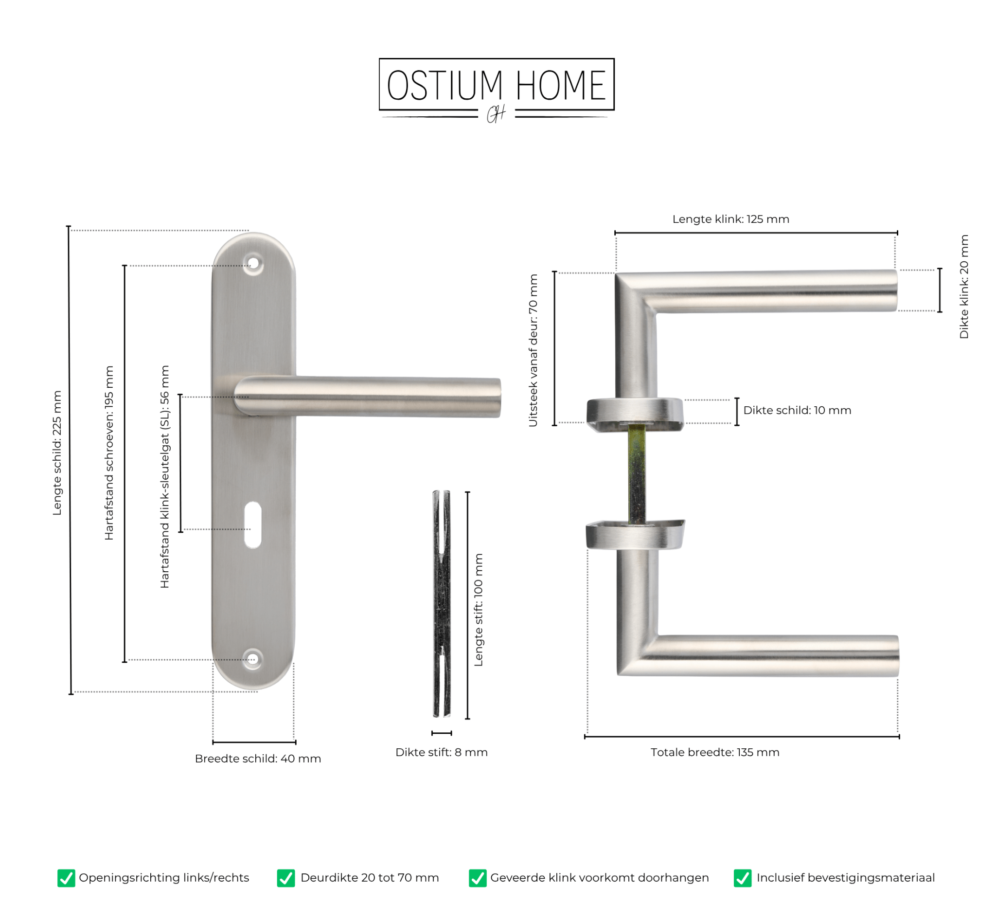 Technische tekening van rvs deurklink met sleutelgat van Ostiumhome