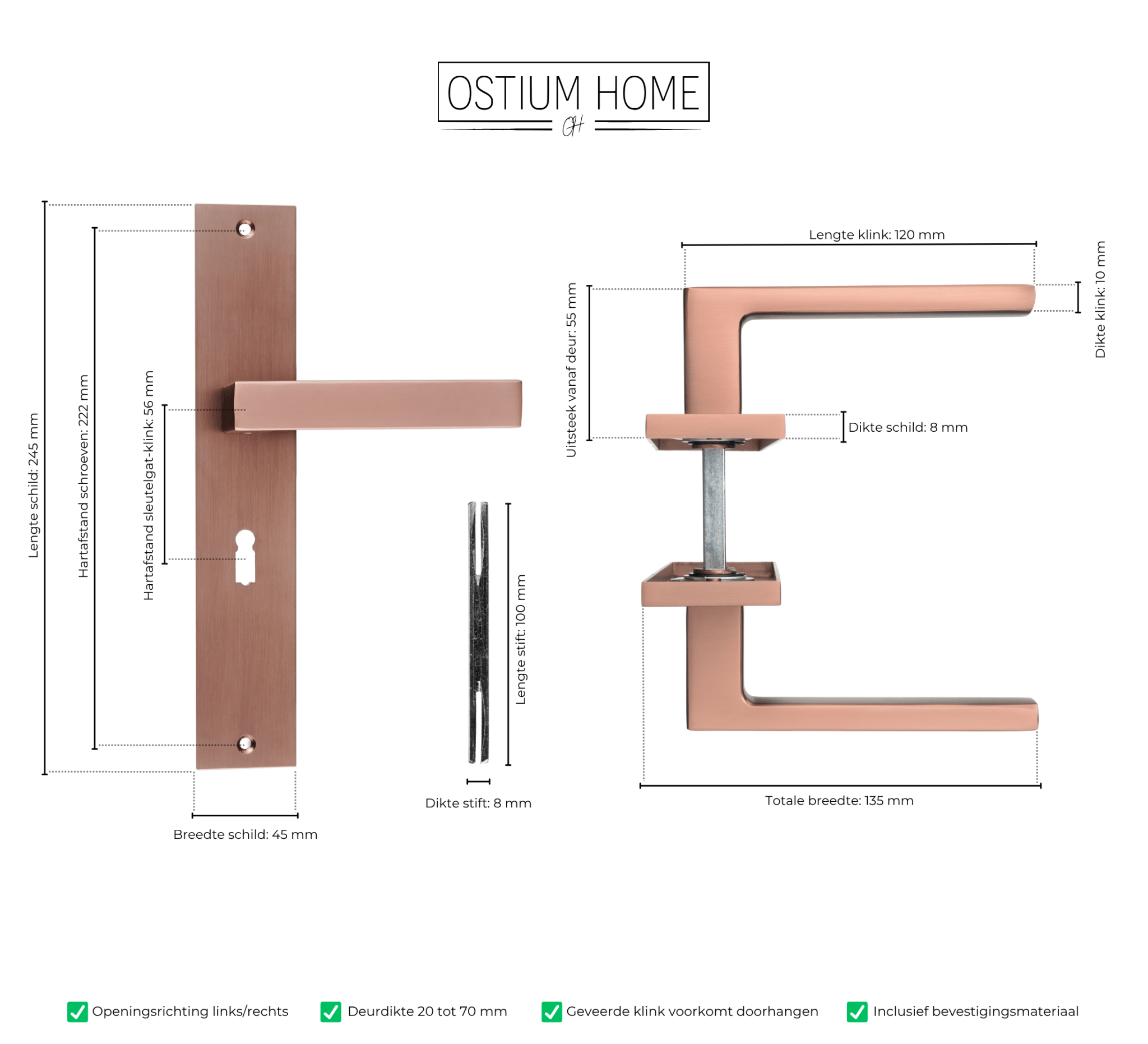 Tekening met afmetingen van deurklink met sleutelgat in kleur mat koper.