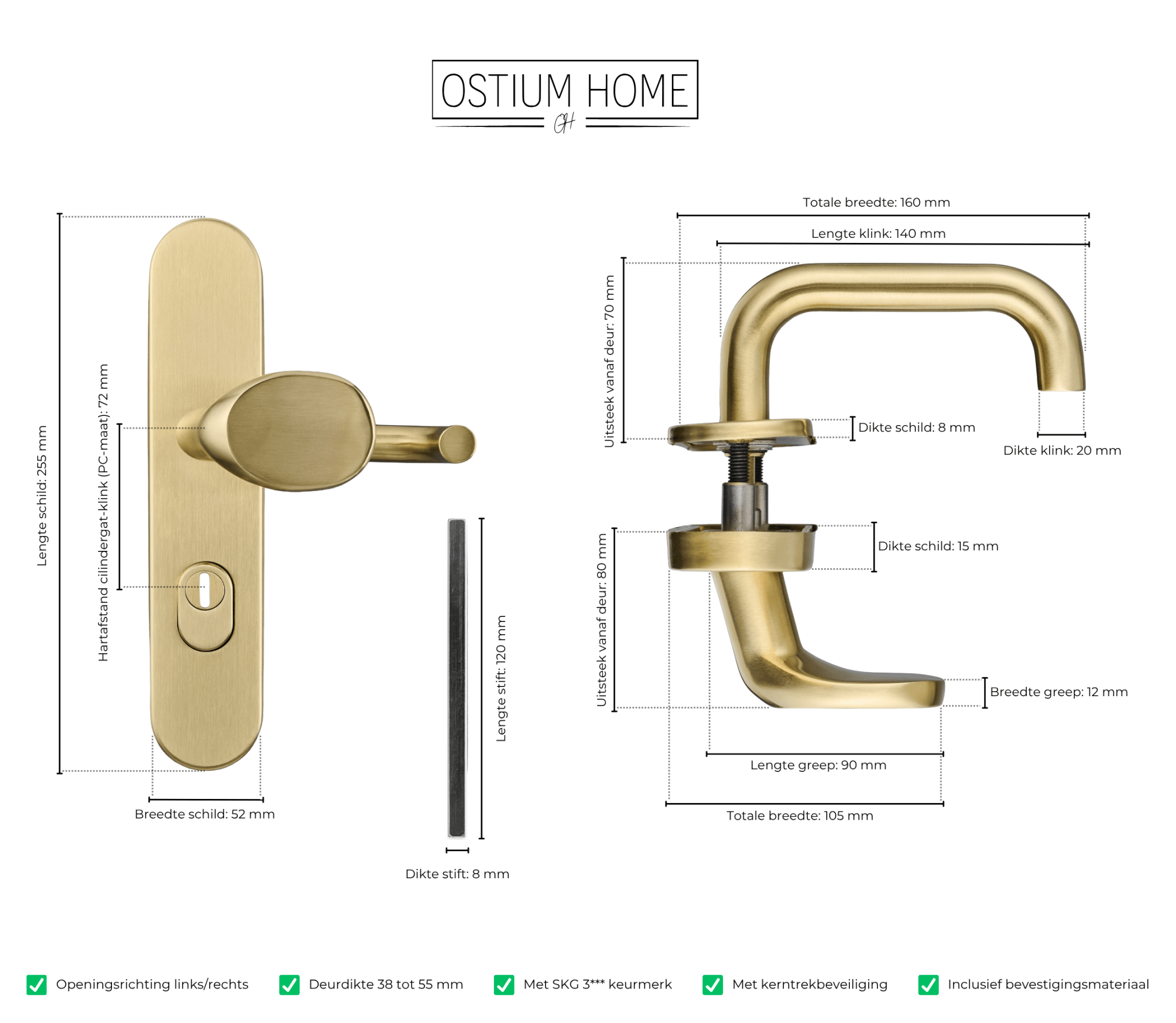 Technische tekening met specificaties en afmetingen van mat gouden voordeurbeslag met greep/kruk van Ostiumhome.