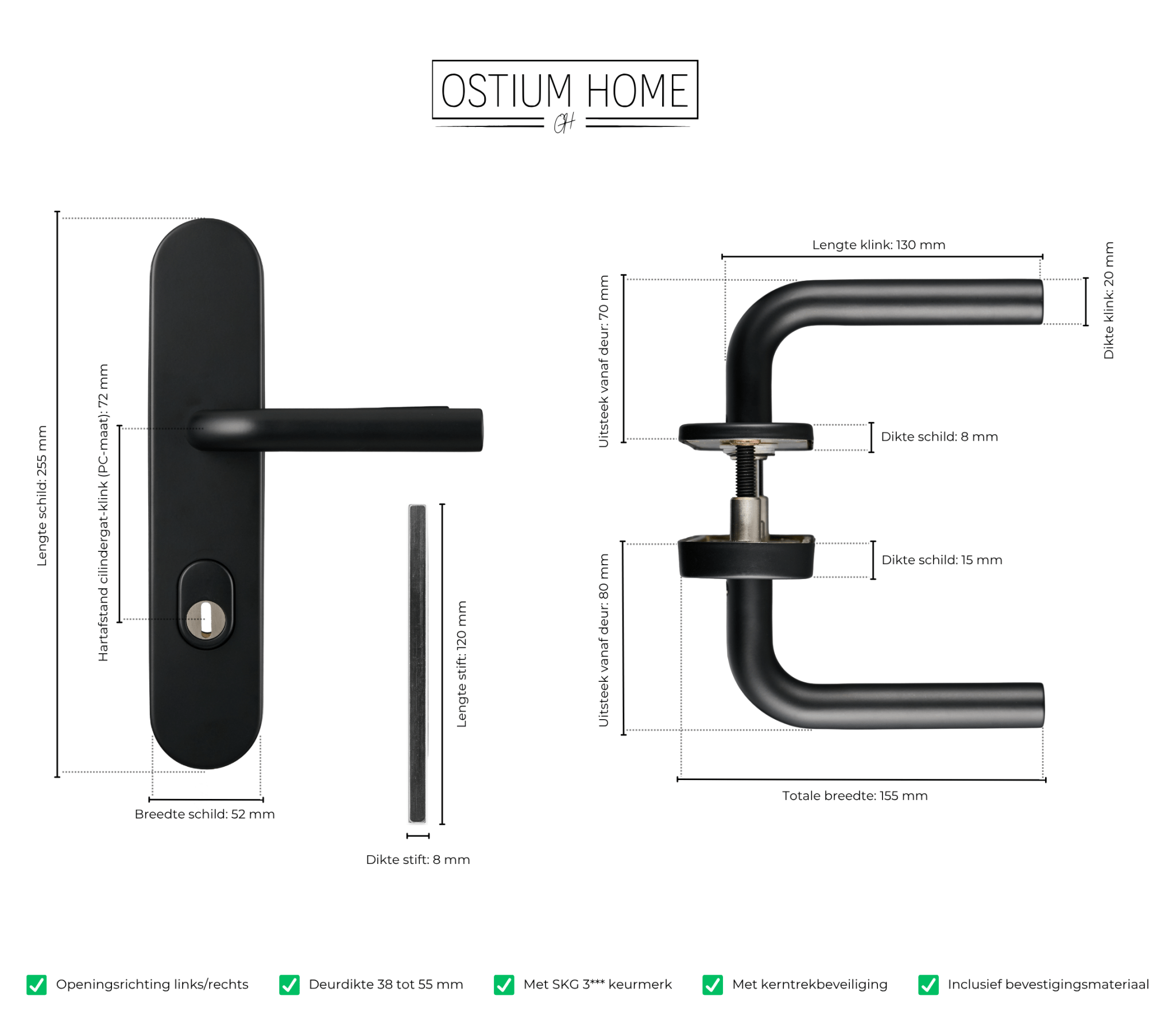 Afmetingen van de mat zwarte voordeurklink met kerntrekbeveliging van Ostiumhome.