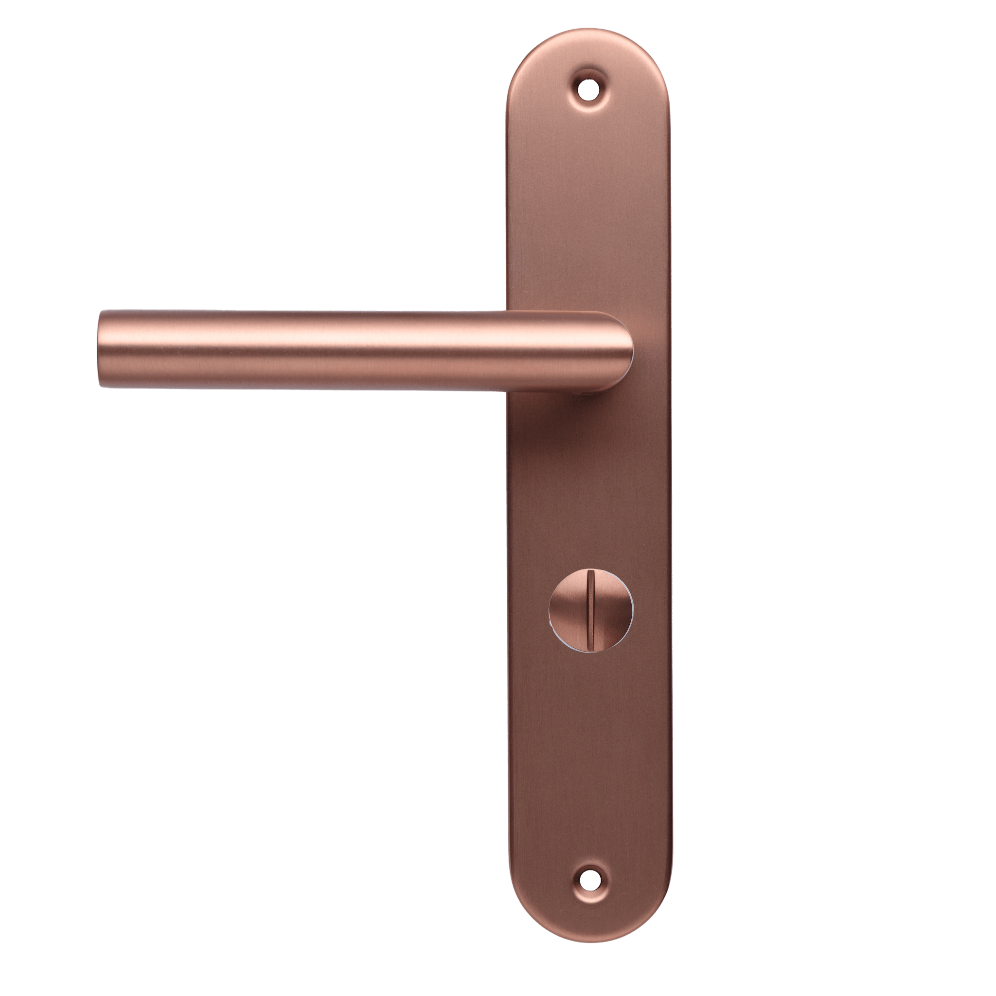 Deurklink met wc-slot op lang rond schild in kleur mat koper.