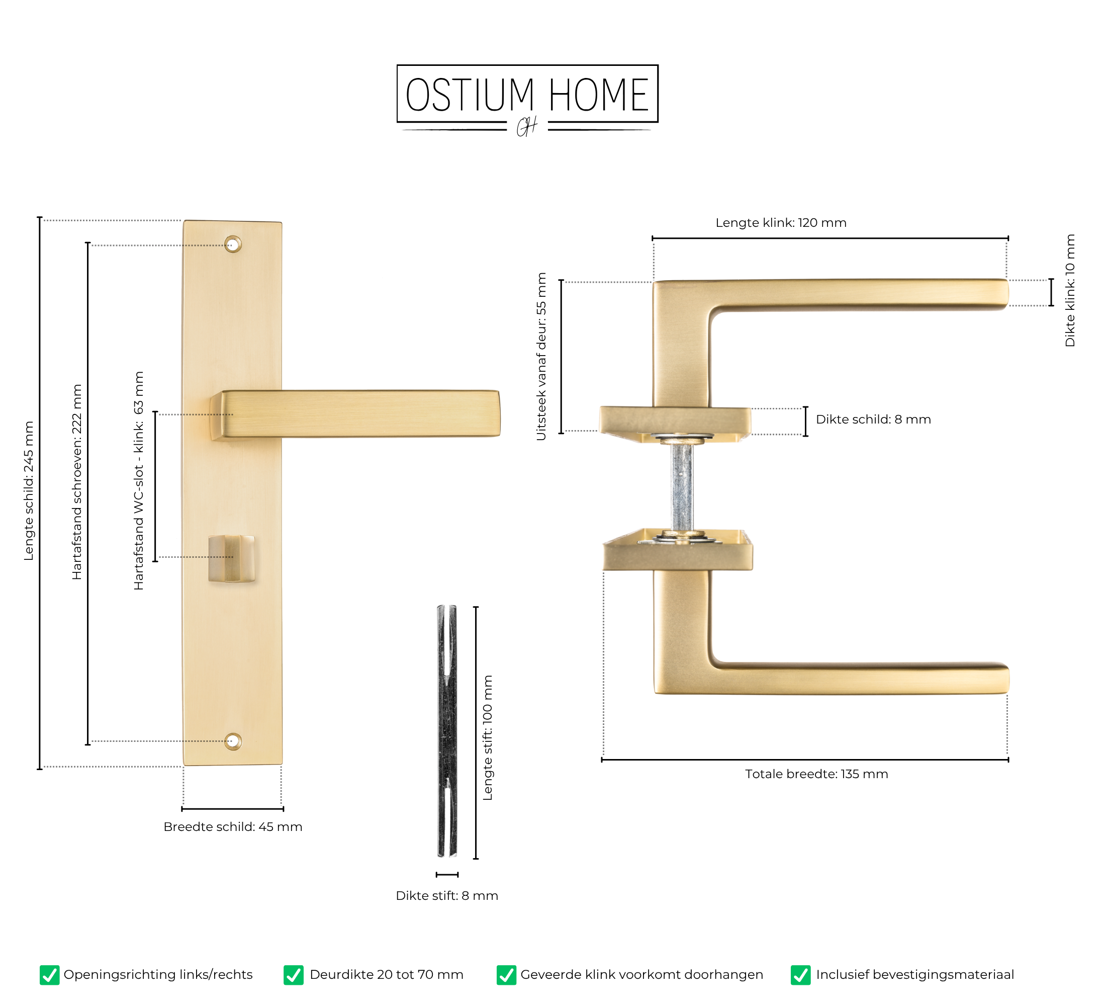 Technische tekening van wc/badkamer deurklink op schild in kleur goud