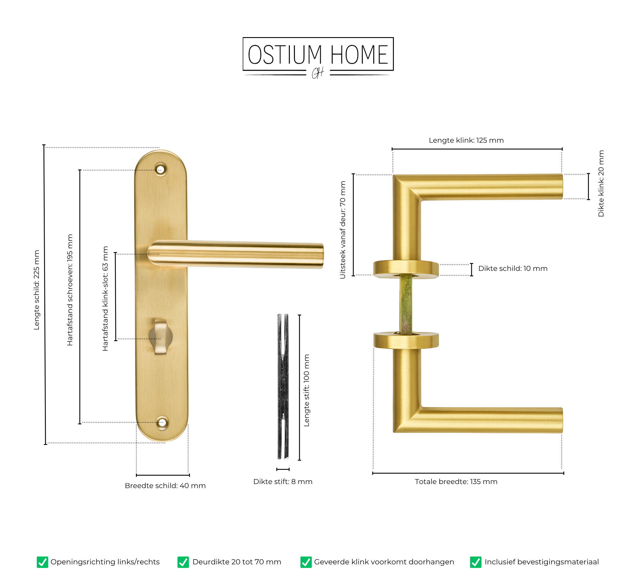Technische tekening van gouden wc deurklink met slot van Ostiumhome