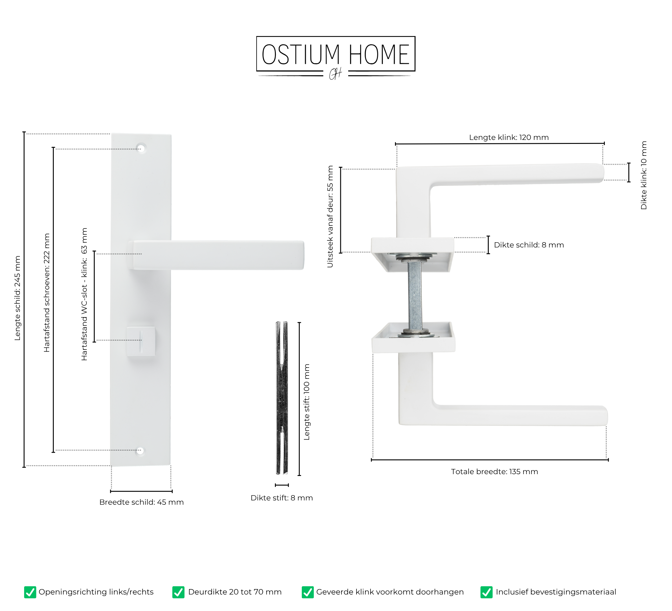 Technische afmetingen van deurklink met wc-slot in witte kleur van Ostiumhome.