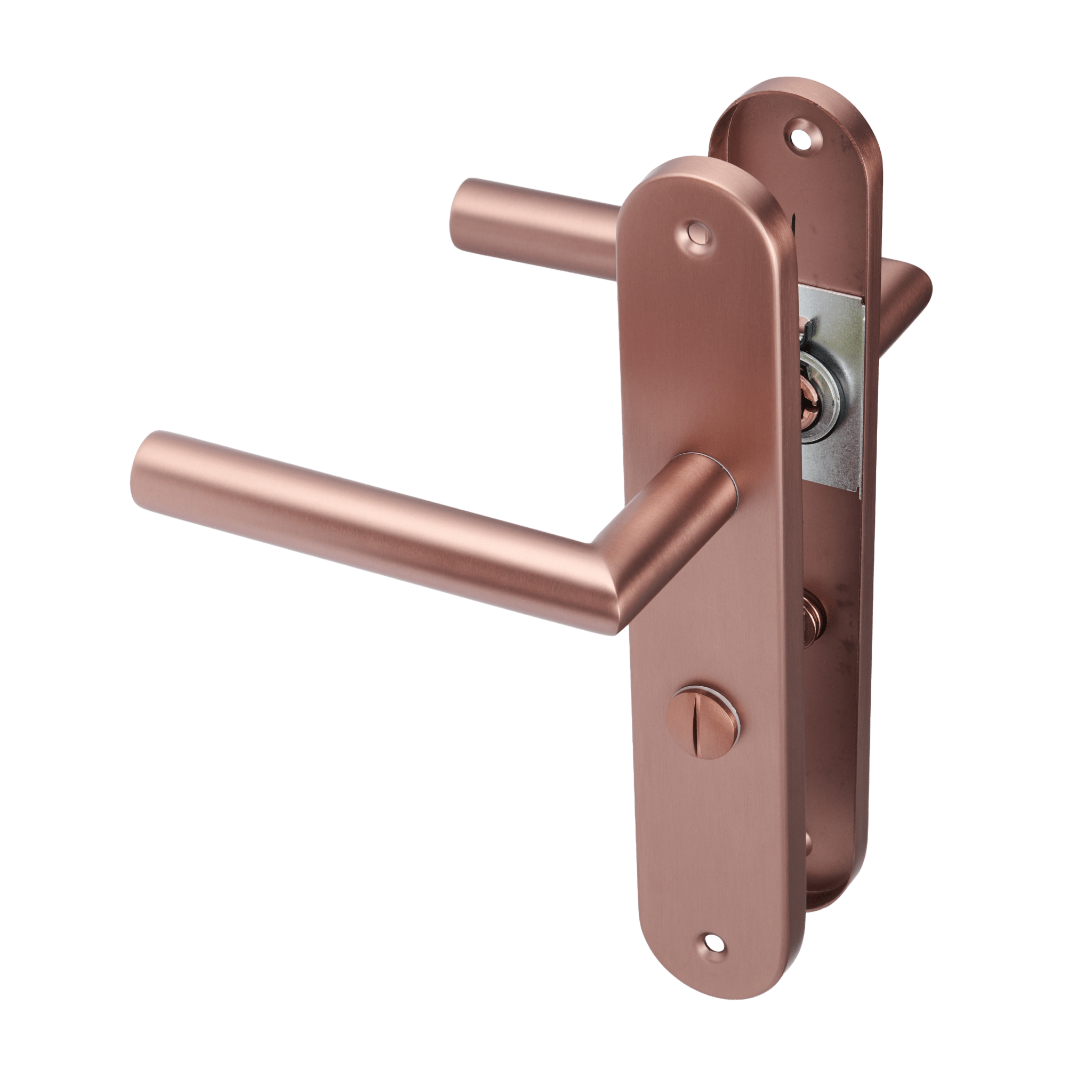 WC-slot met vrij/bezet indicator op lang schild in mat koper kleur.