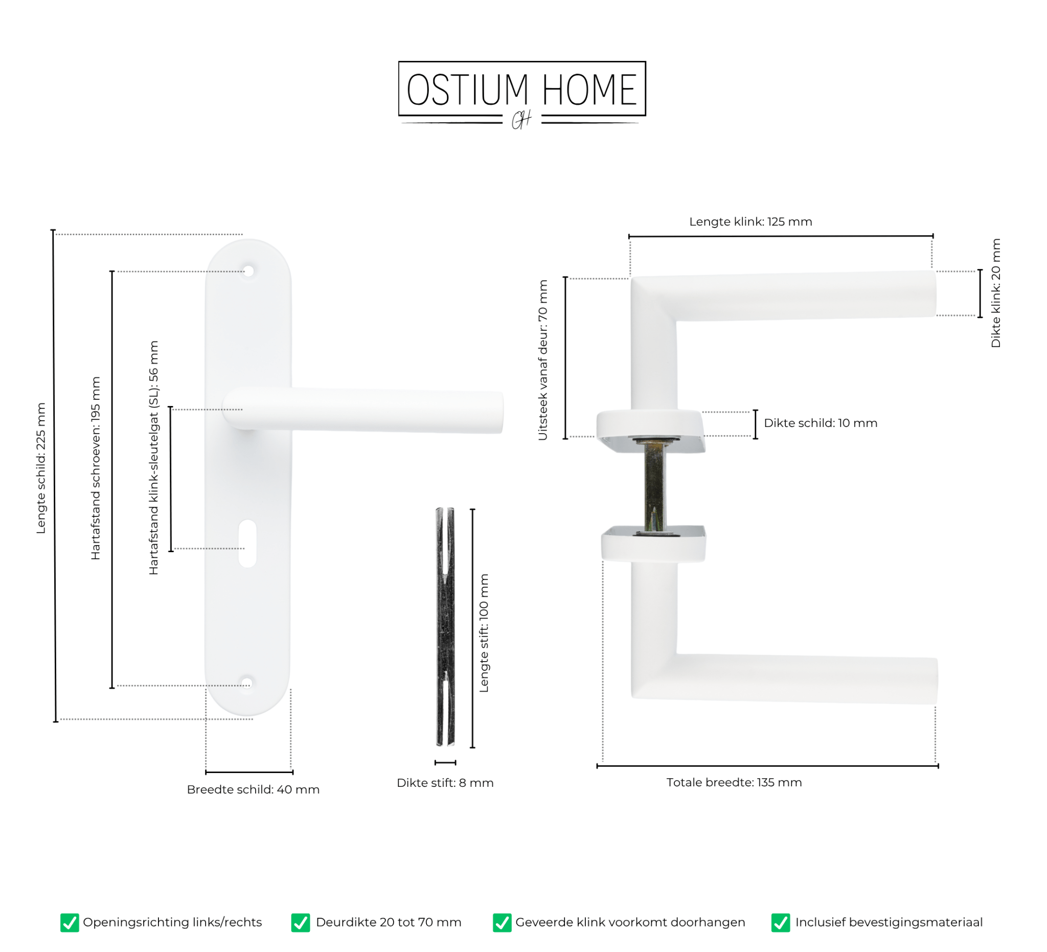 tekening met afmetingen van witte deurklink met sleutelgat