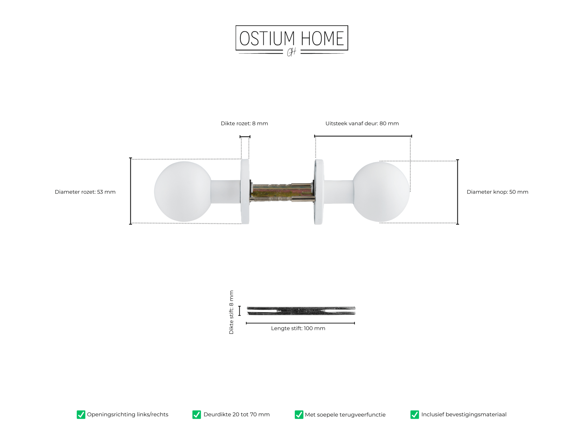 Afmetingen van witte geveerde deurknop van Ostiumhome, voor een minimalistische look
