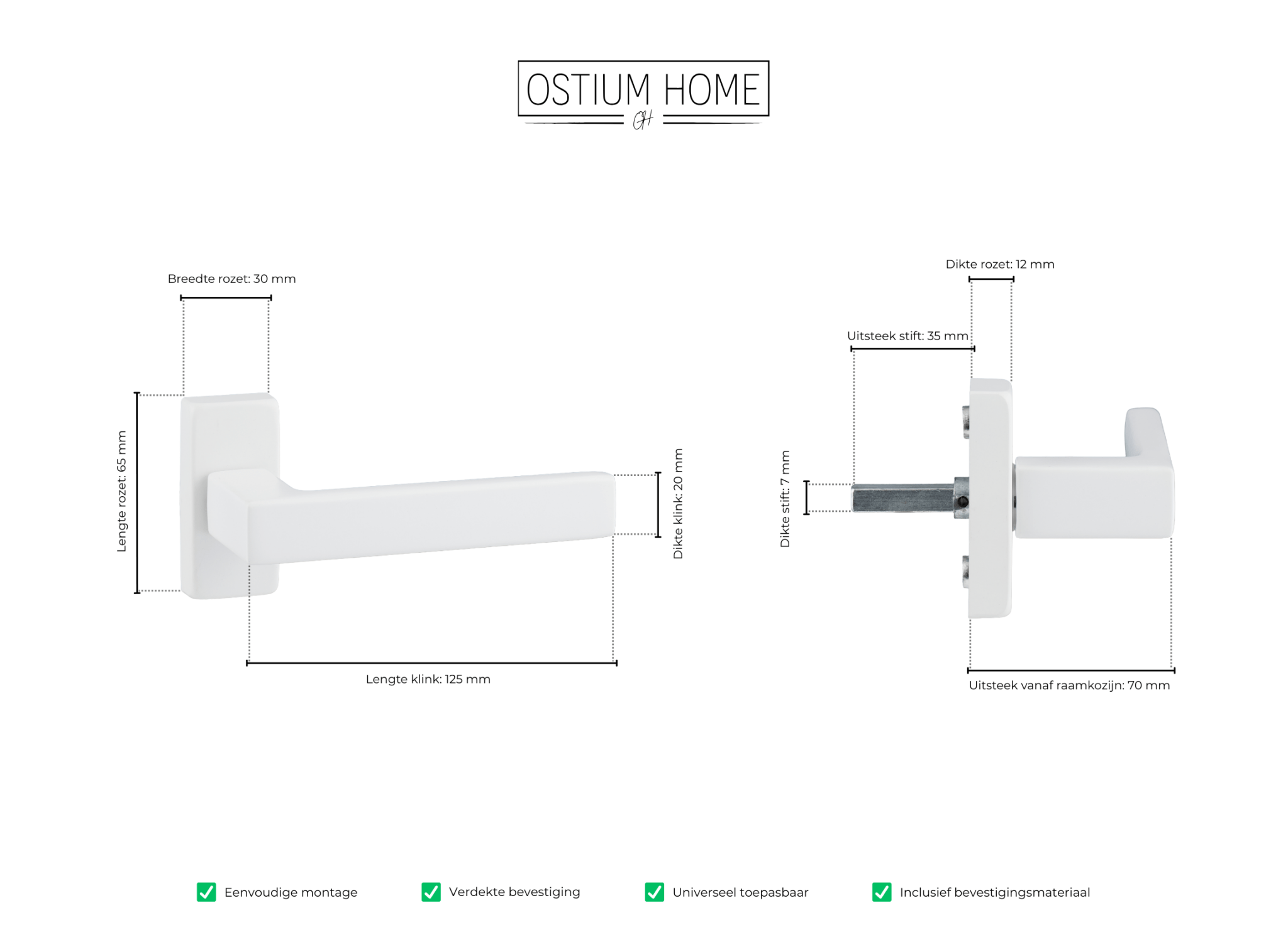 Afmetingen van witte raamklink voor draai-kiepramen van Ostiumhome, voor een minimalistische look
