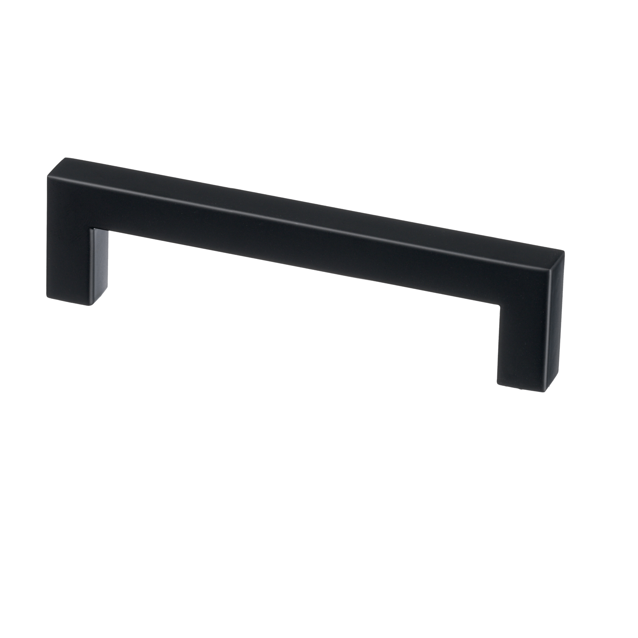 Mat zwarte handgreep hart-op-hart 128 mm en totale lengte 140 mm, vierkant 12 × 12 mm profiel en 32 mm diepte voor een strak, modern interieur