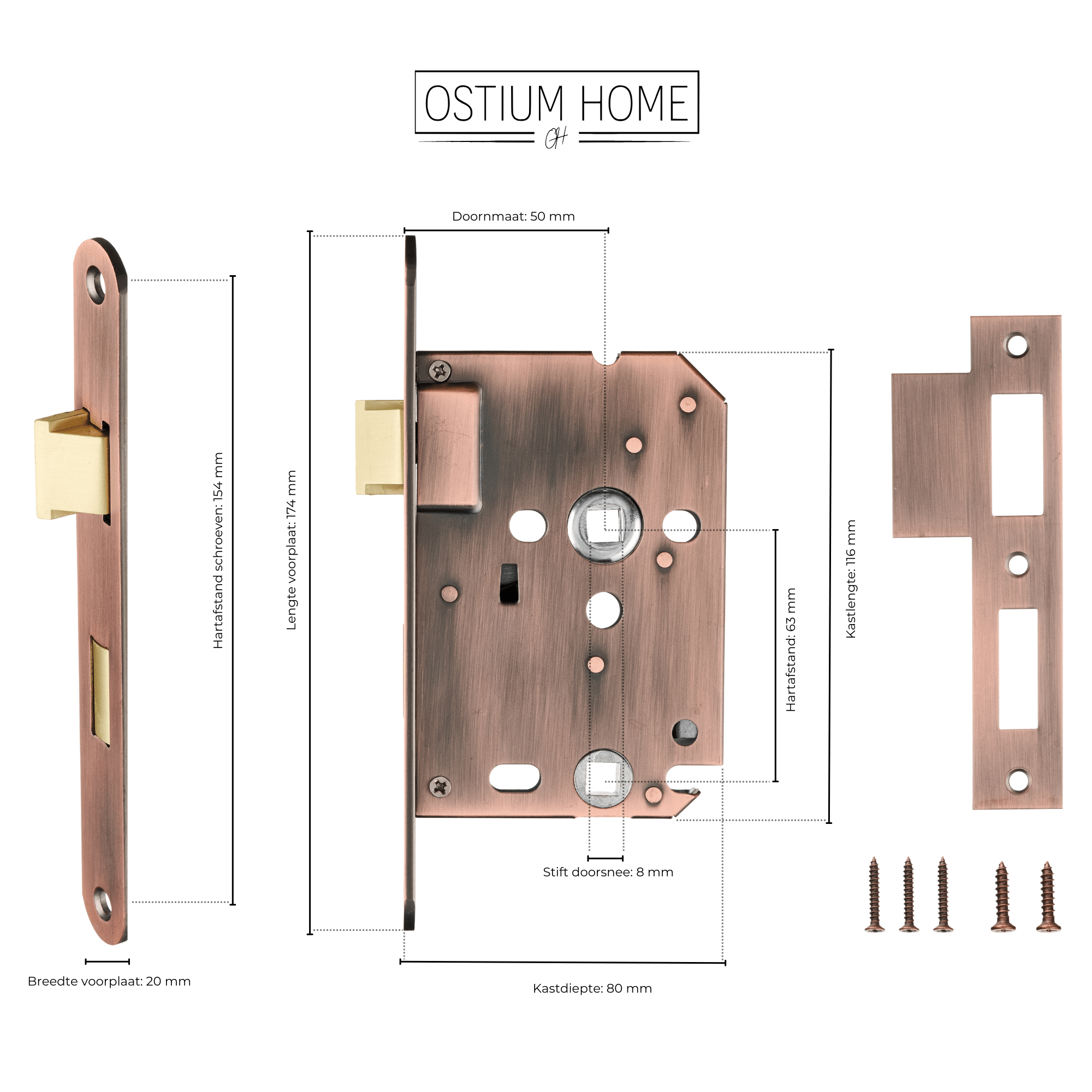 Serrure à encastrer WC en cuivre - Serrure à bouton - 63 mm