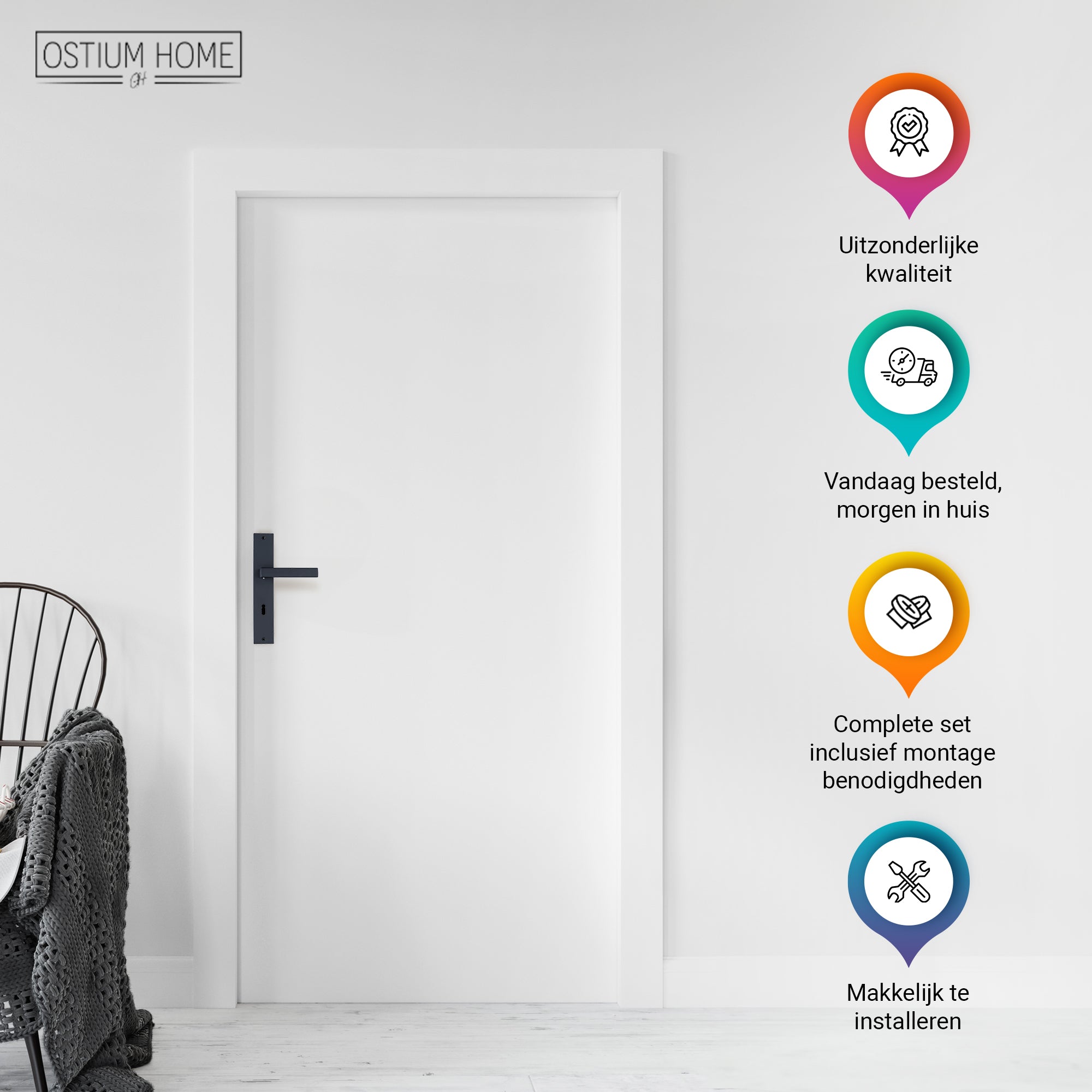 Ostiumhome® Veneto Türgriff auf Schild – Türbeschlag mit Schlüsselloch – 72 mm – Geeignet für Innentüren – Mattschwarz
