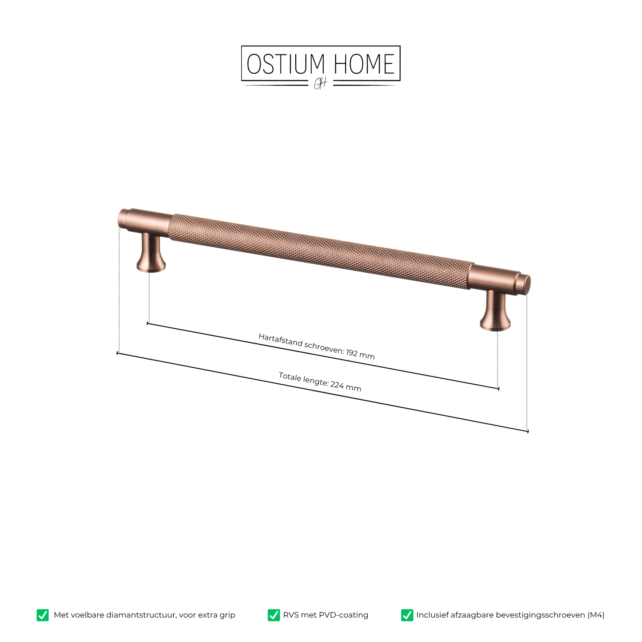 Handgreep Koper - diamond cut - 192mm/224mm – afbeelding 4