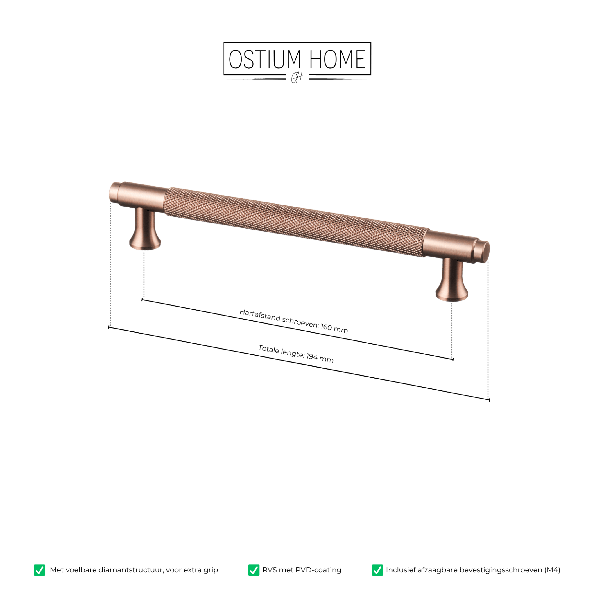 Handgreep Koper - diamond cut - 160mm/194mm – afbeelding 4