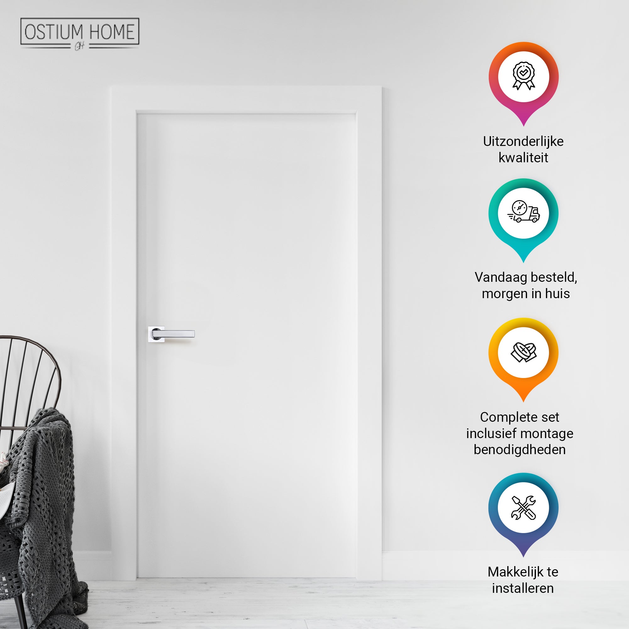 Ostiumhome® - Monta - Türgriff - Quadratische Rosette - Geeignet für Innentüren - Edelstahl