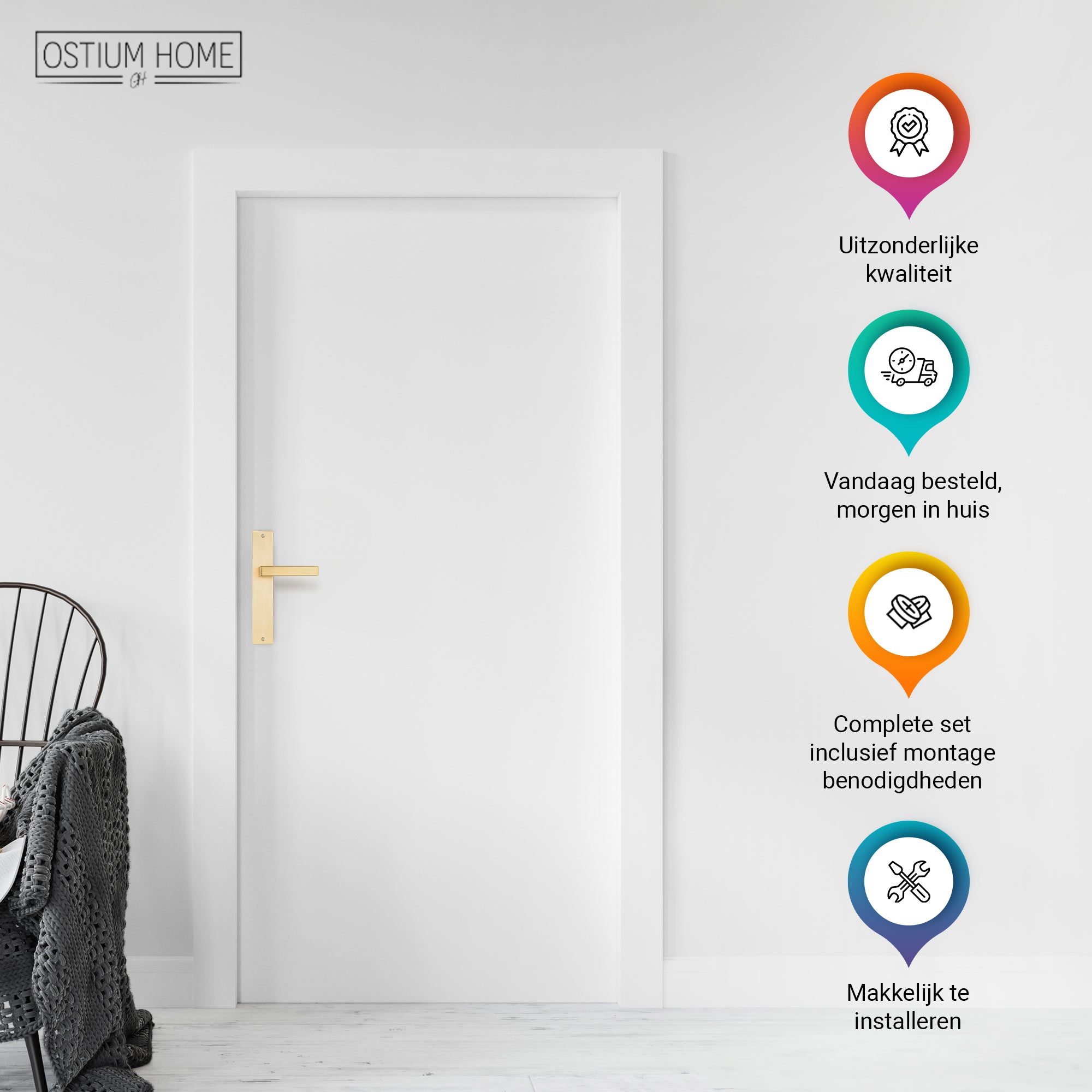 Ostiumhome® Alassio Deurklink op schild - Deurbeslag - 245 mm - Geschikt voor binnendeuren - Mat goud