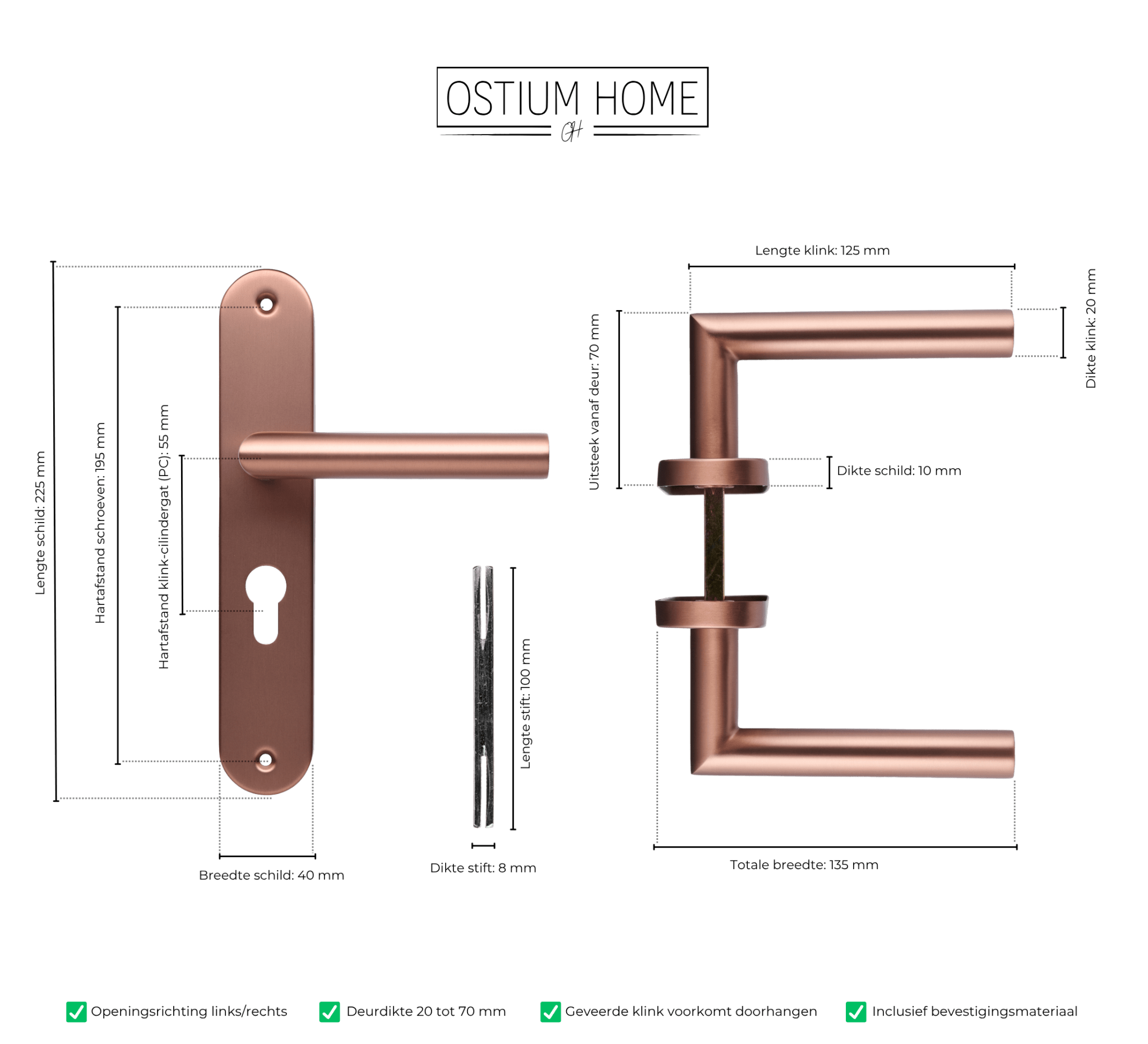 Ferrano – Quincaillerie de porte en cuivre mat avec trou de cylindre sur rosace ronde