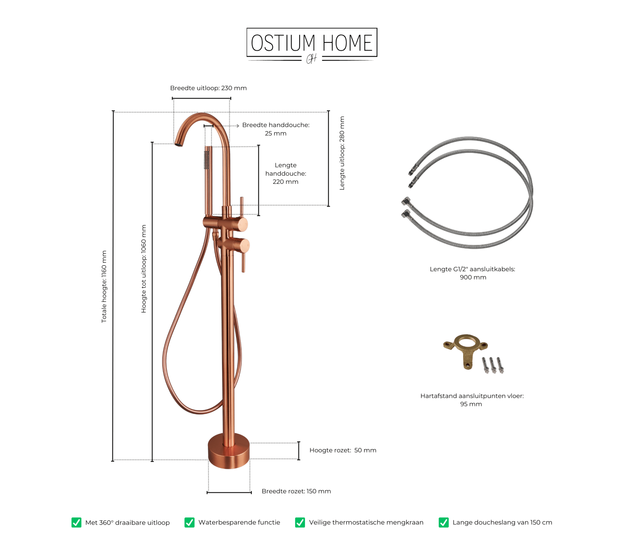 Armonio - Robinet de baignoire autoportant Cuivre - avec douchette