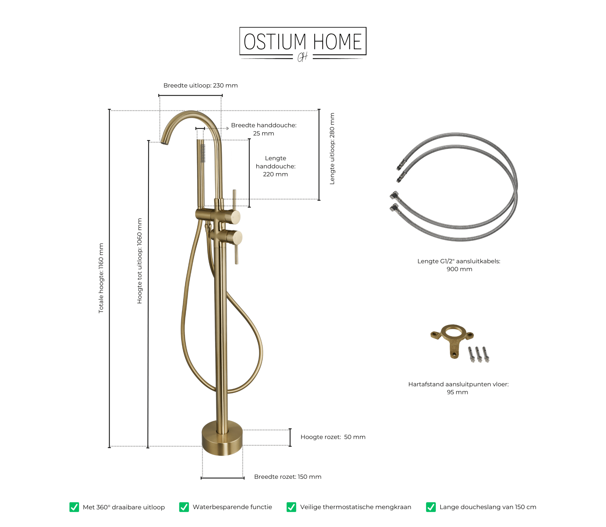 Armonio - Robinet de Baignoire Autoportant Or - avec Douchette
