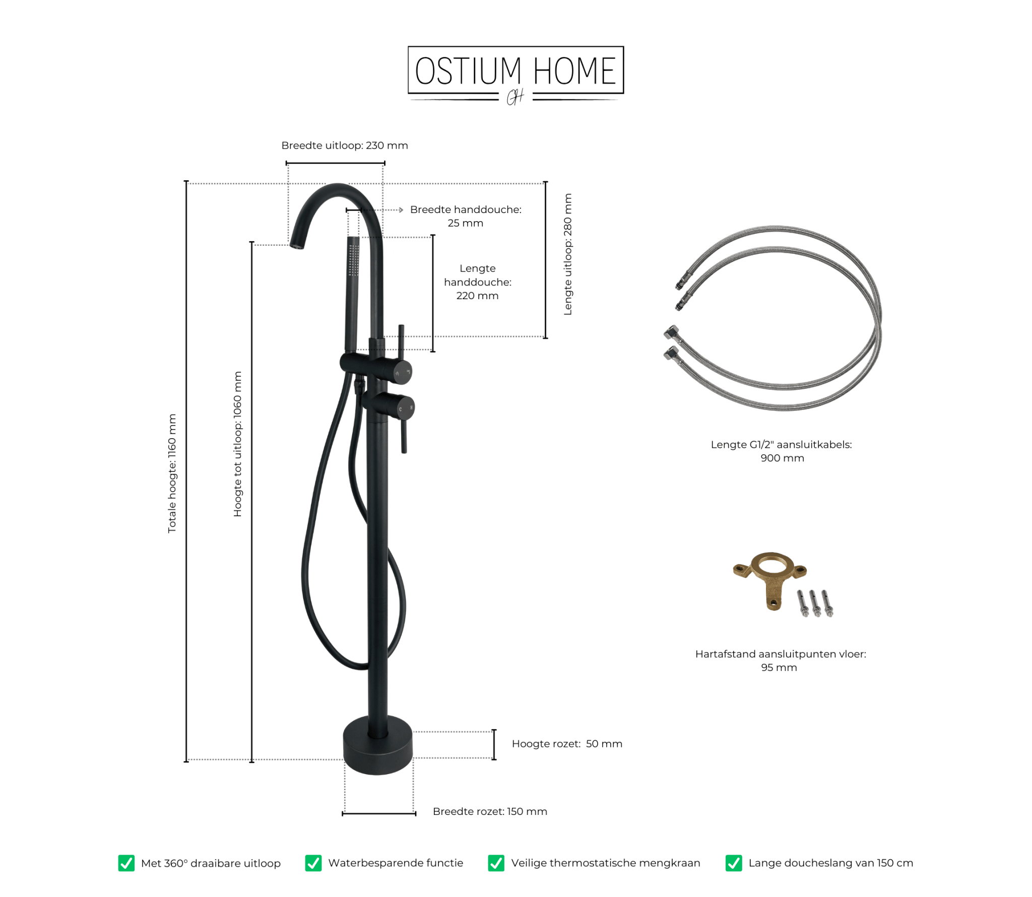 Armonio - Robinet de Baignoire Autoportant Noir - avec Douchette