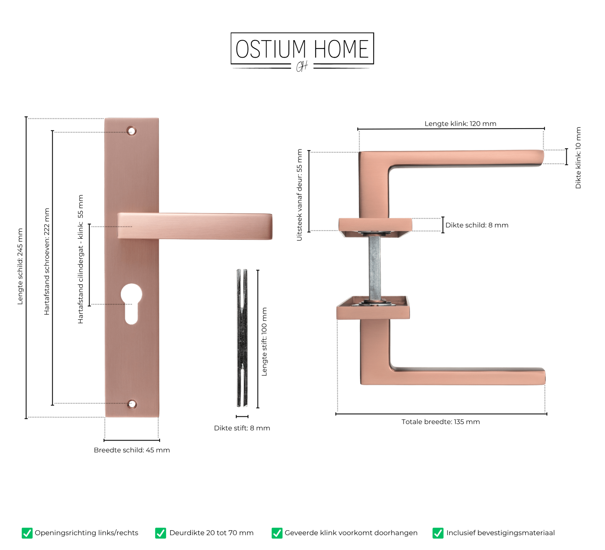 Collodi - Koper Deurbeslag - Cilindergat - Recht Lang Schild - PC 55mm