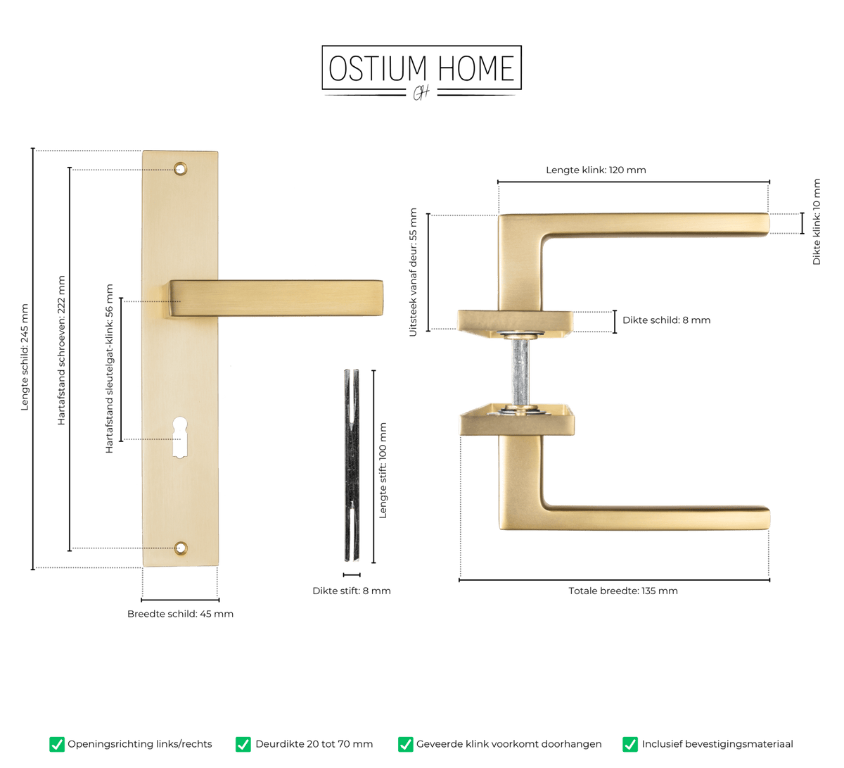 Alassio - Goldener Türgriff Schlüsselloch Gerade Langschild - PC 56/72 mm