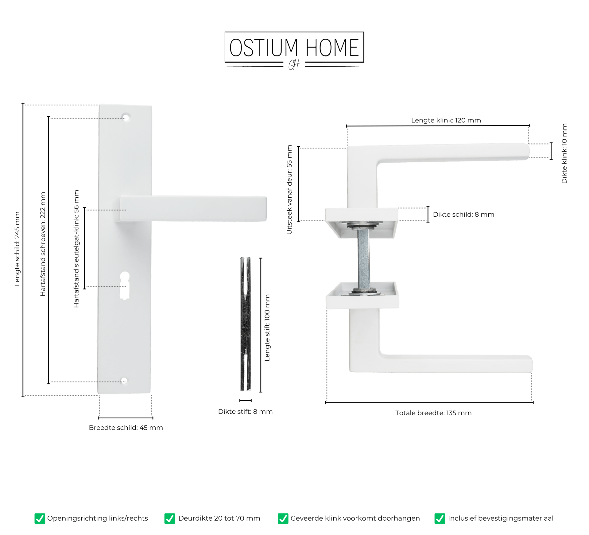Lorto - Witte Deurklink Sleutelgat Recht Lang Schild - SL 56 mm