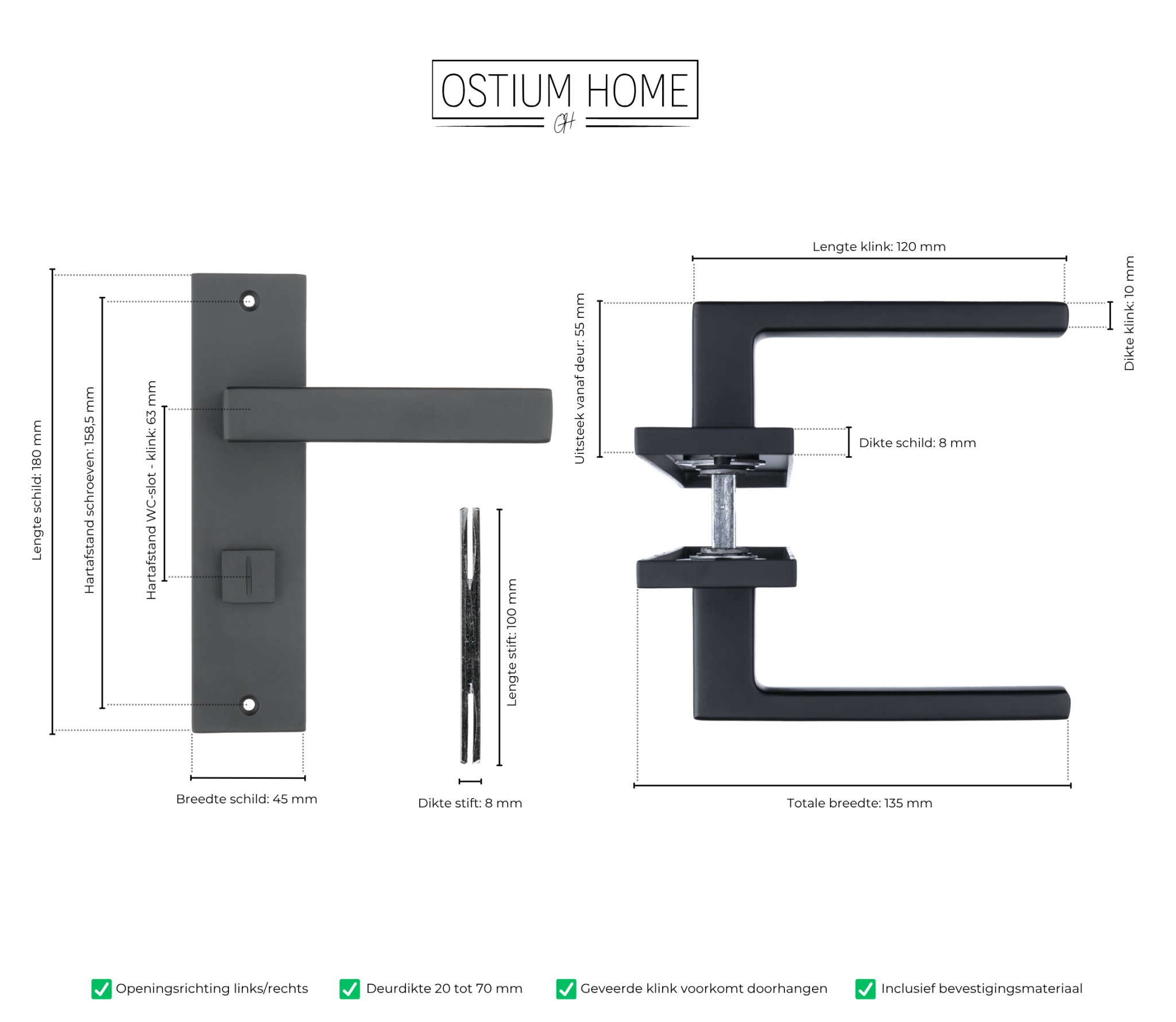 Ravello - Zwart WC Slot op Recht Kort Schild - PC 63mm