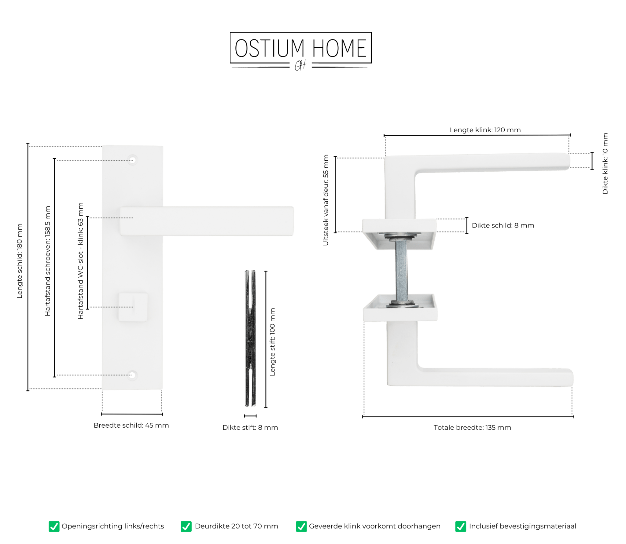 Arezzo - Witte Deurklink WC-Slot Recht Kort Schild - PC 63mm