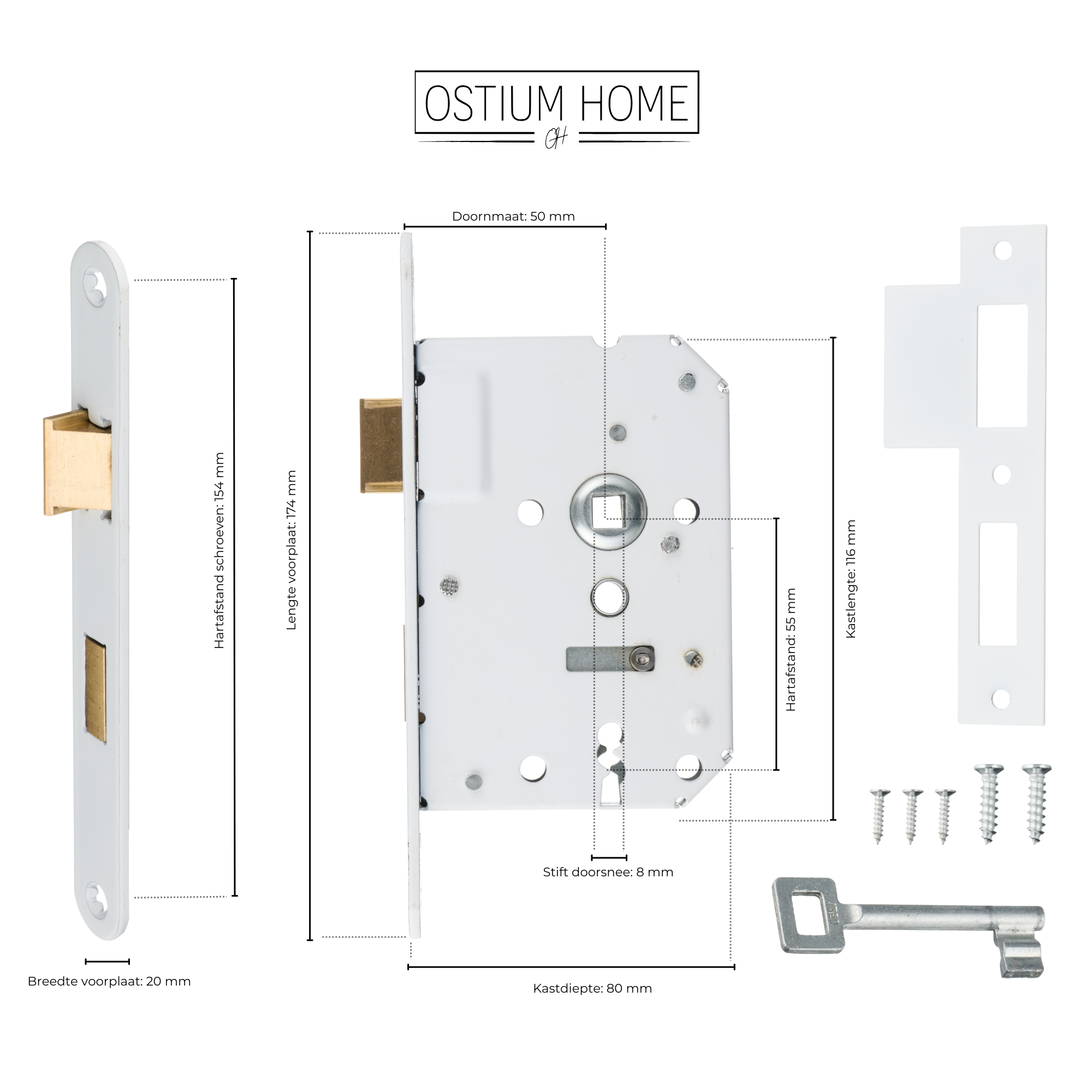 Technische tekening van het Ostiumhome witte loopslot met sleutelgat.