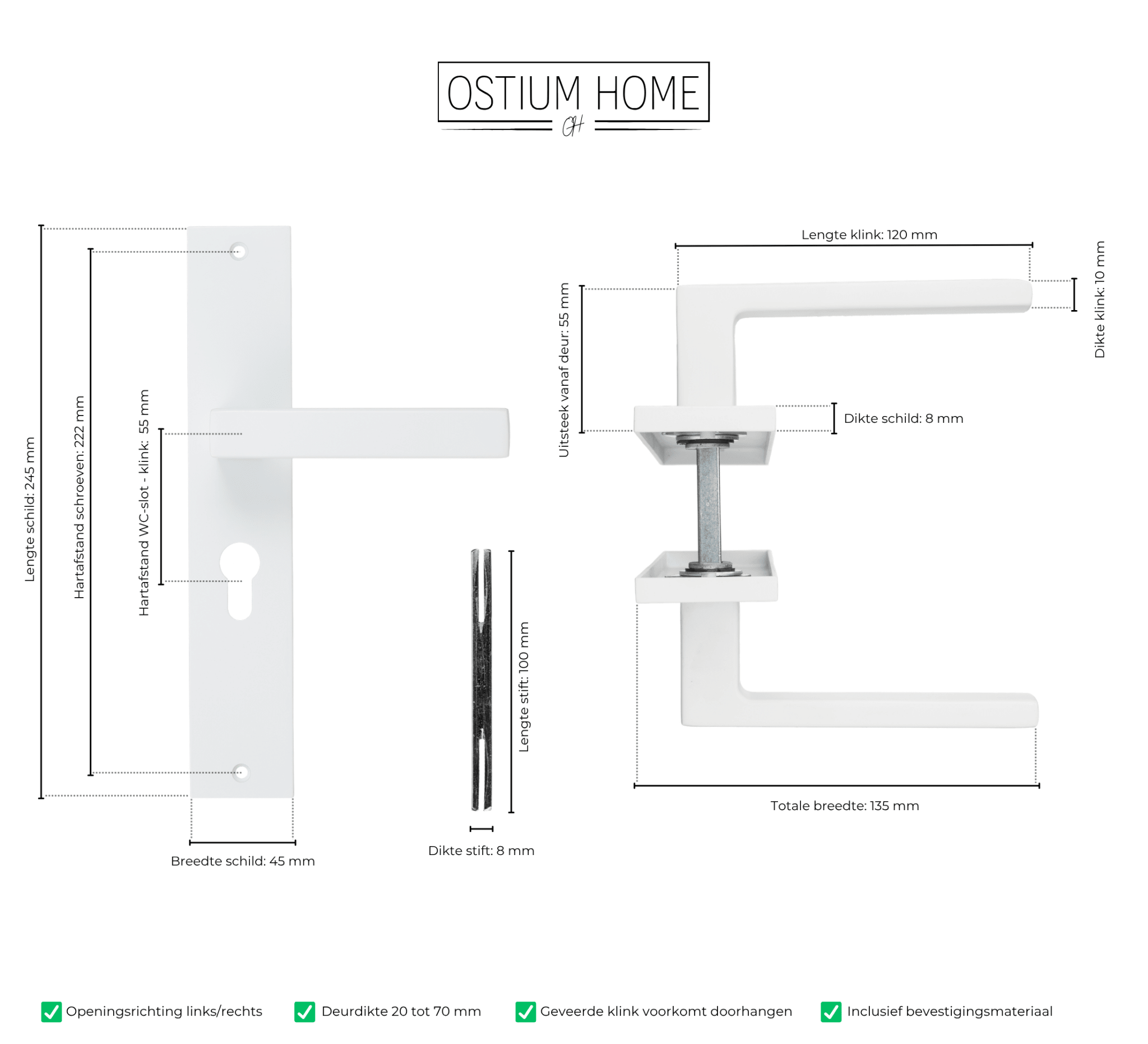 Lorto - Witte Deurklink - Cilindergat - Recht Lang Schild - PC 55mm