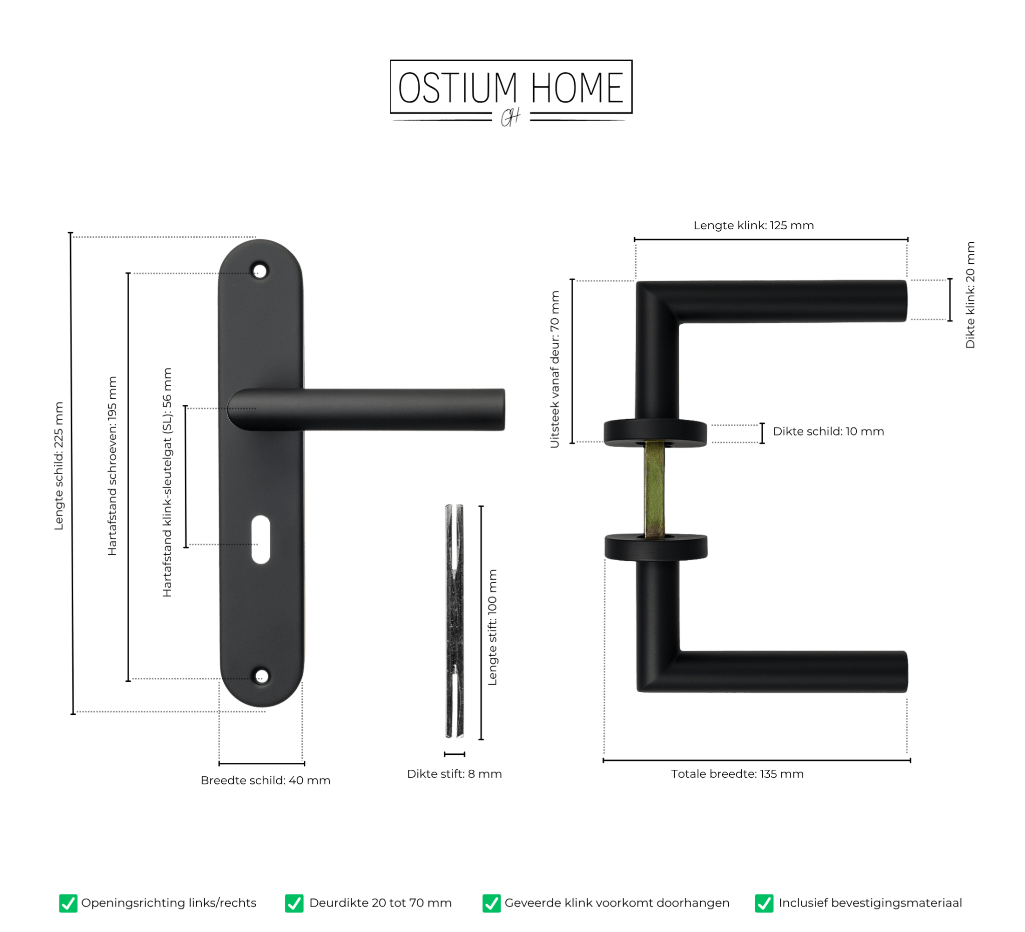Belluno - Zwarte Deurklink Sleutelgat Rond Lang Schild - SL 56mm