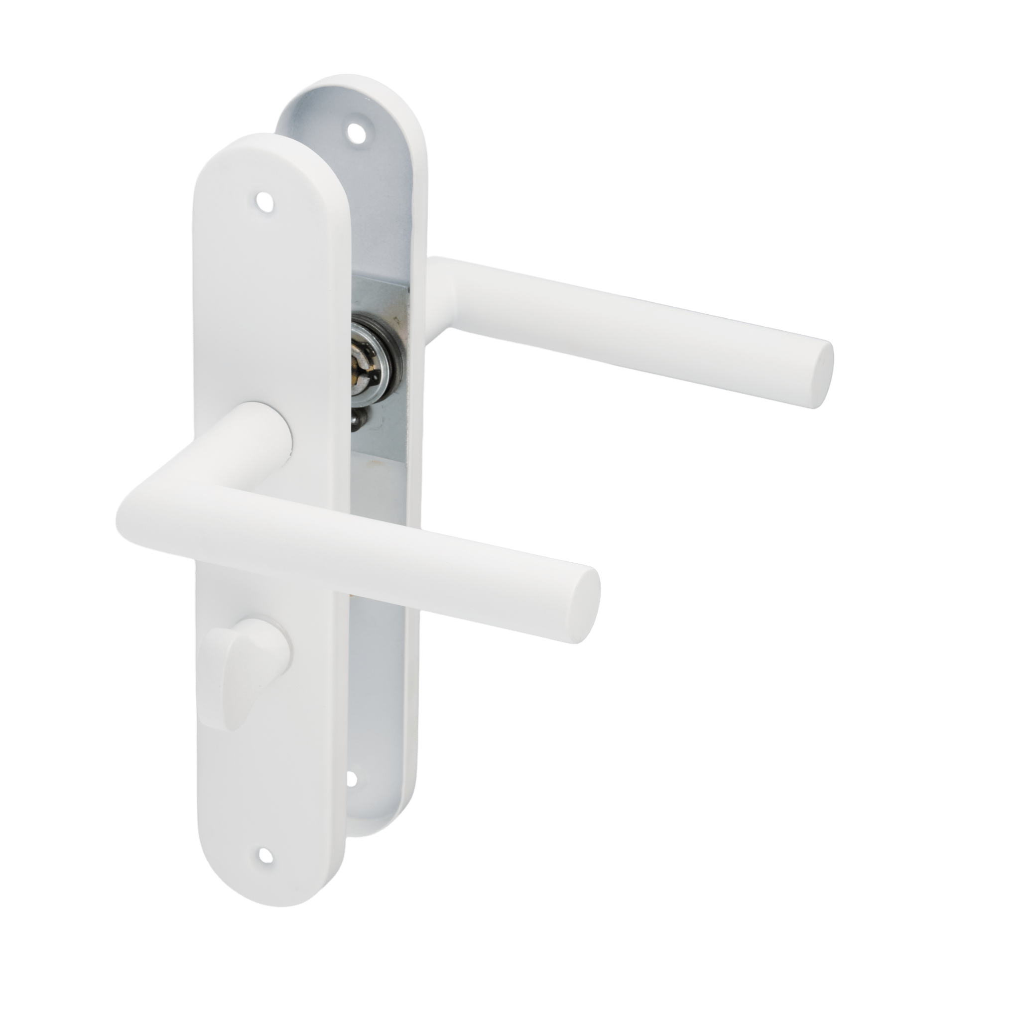 Witte deurklink met wc-slot op rond schild van Ostiumhome