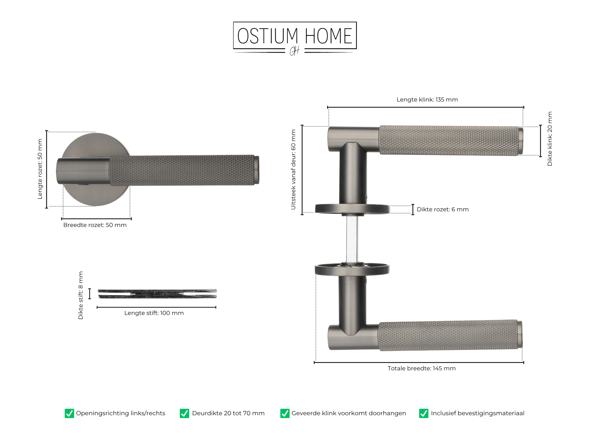 Afmetingen van de diamond cut gun metal deurklink