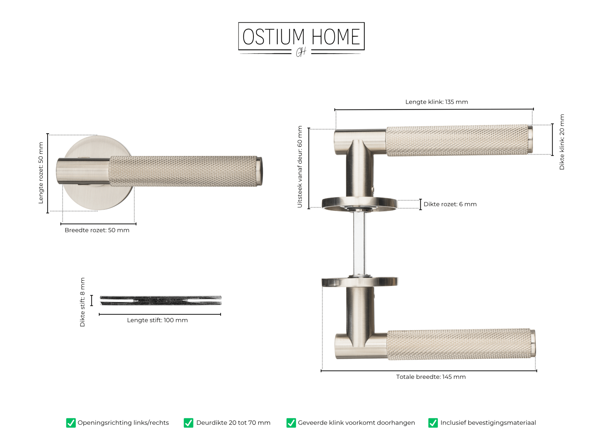 Afmetingen van de diamond cut deurklink in RVS van Ostiumhome.