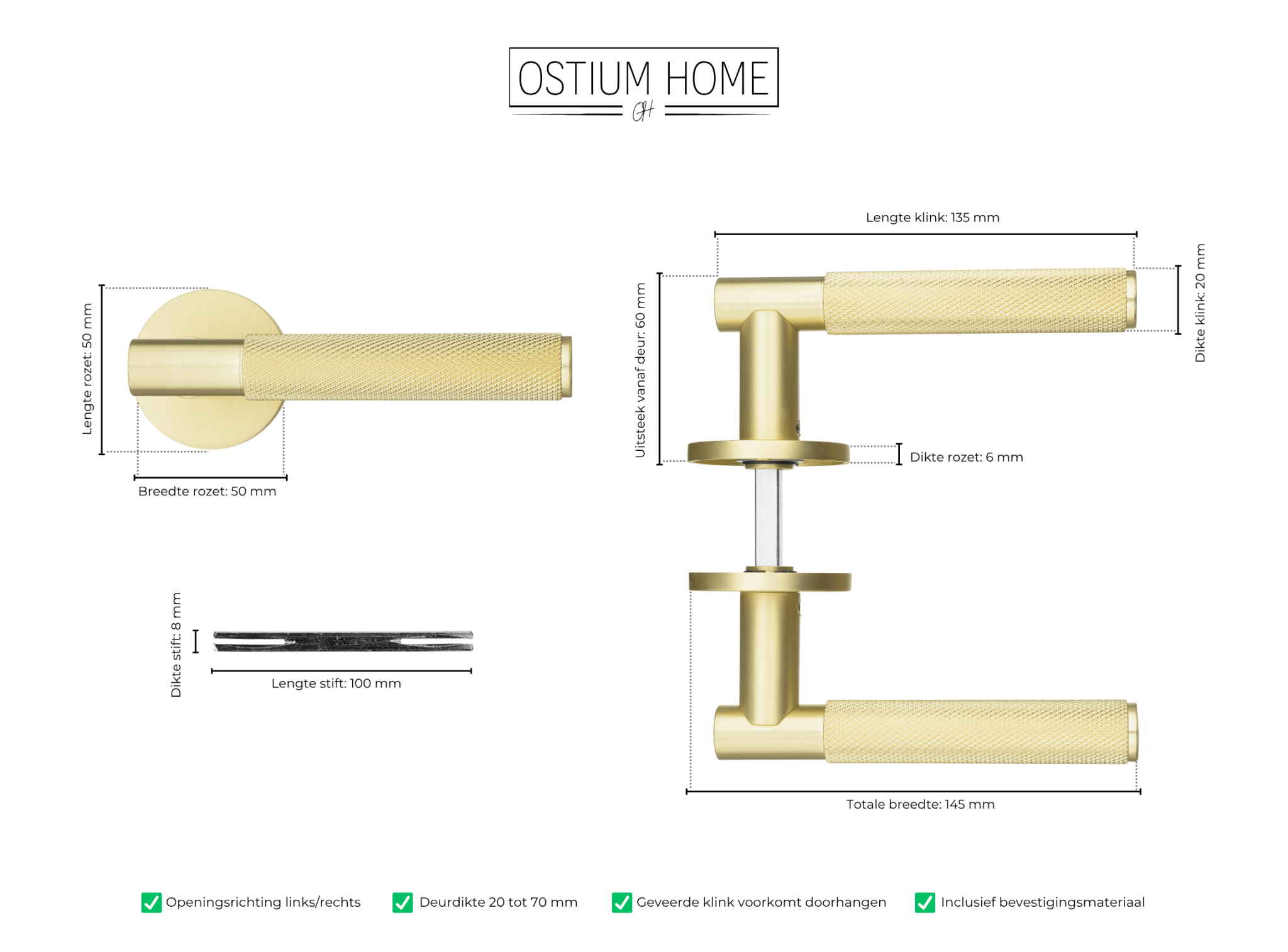Tekening met afmetingen van de gouden diamond cut deurklink van Ostiumhome