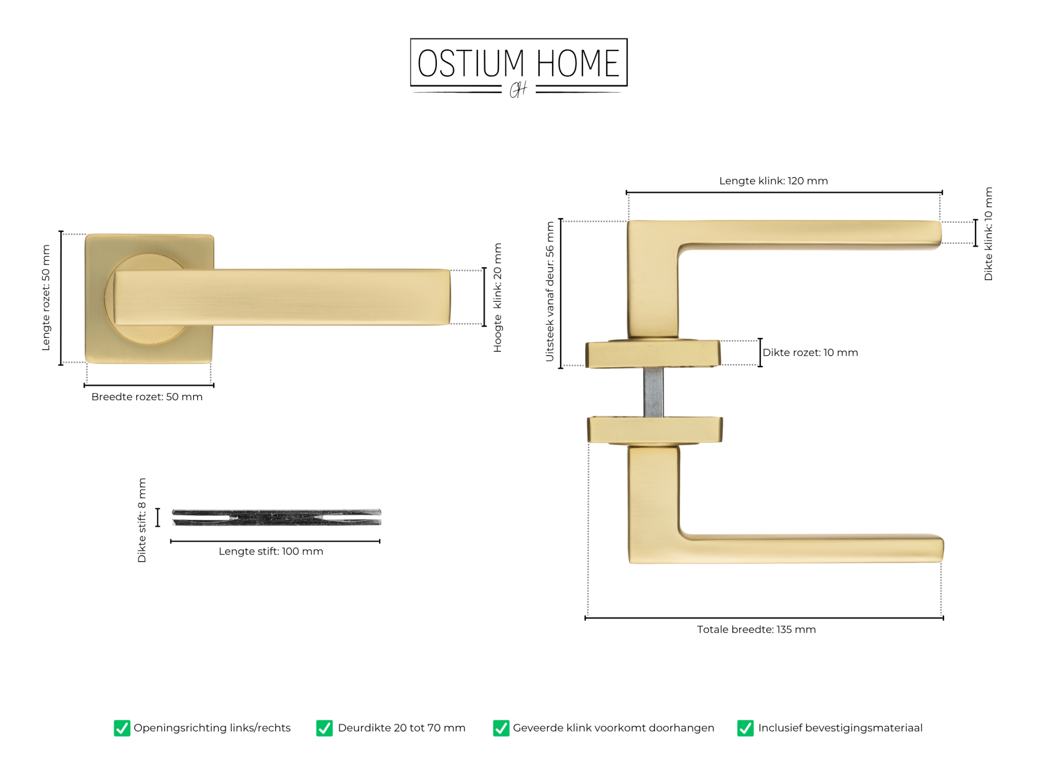 Technische tekening van gouden deurklink op vierkant rozet van Ostiumhome