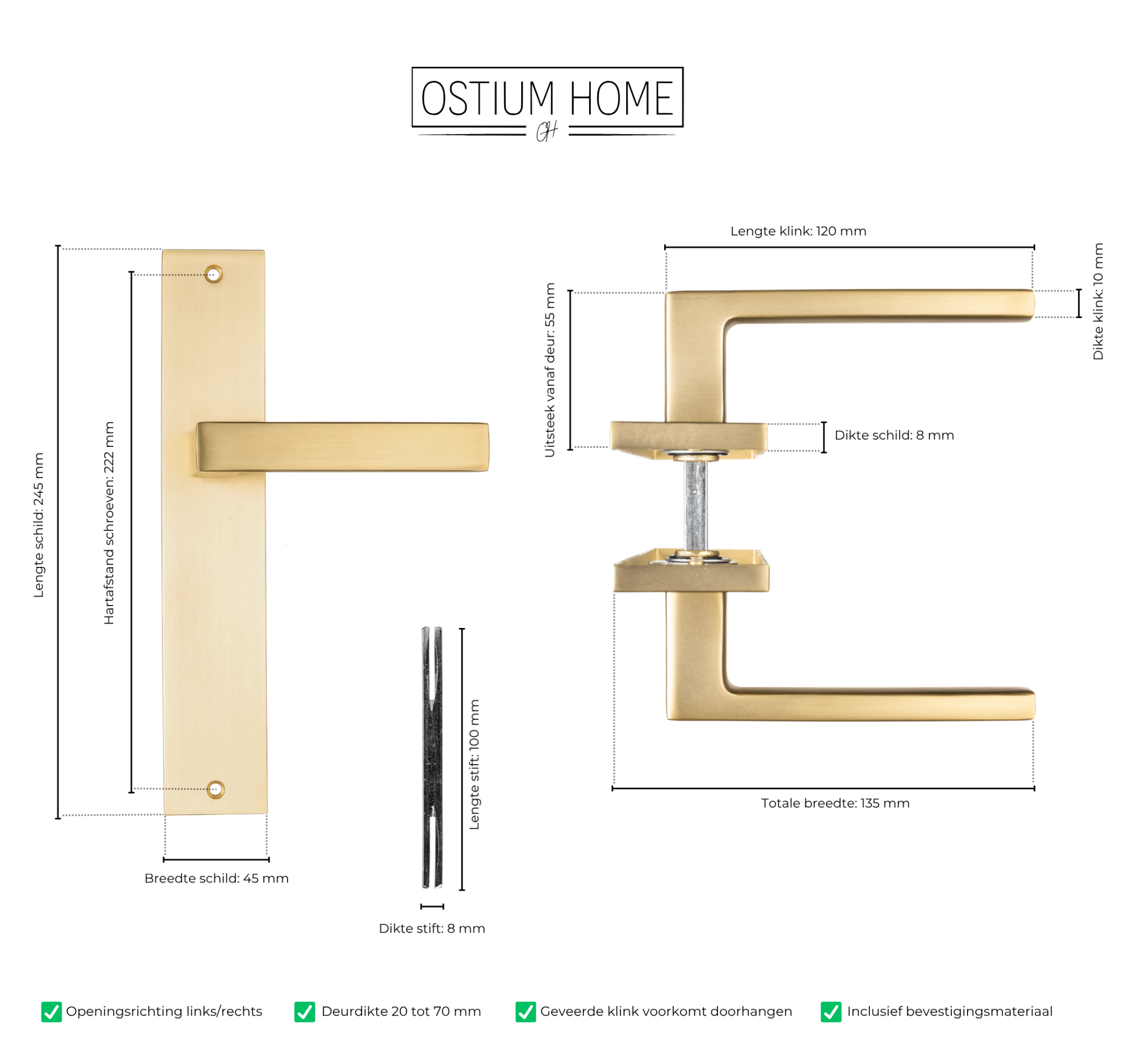Technische tekening van gouden deurklink op lang rechthoekig schild