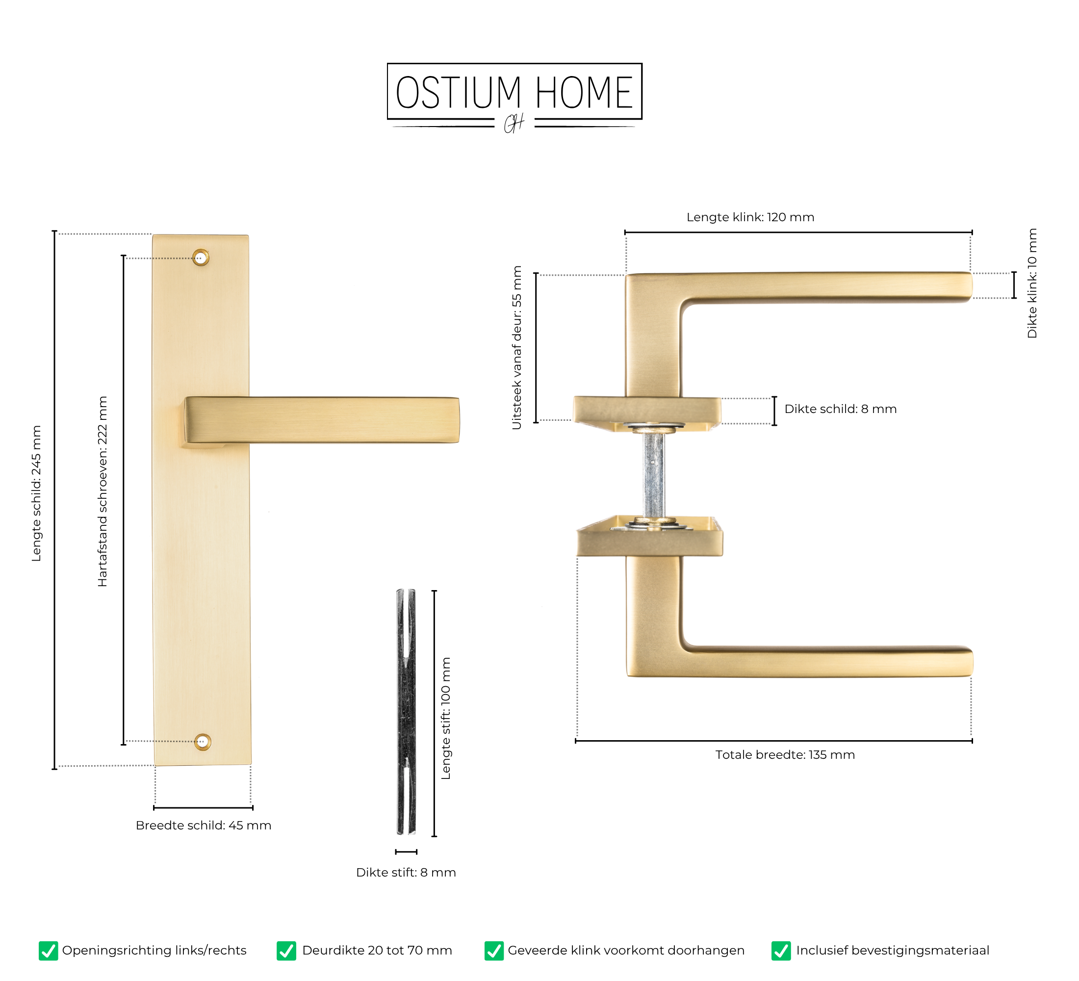 Technische tekening van gouden deurklink op lang rechthoekig schild