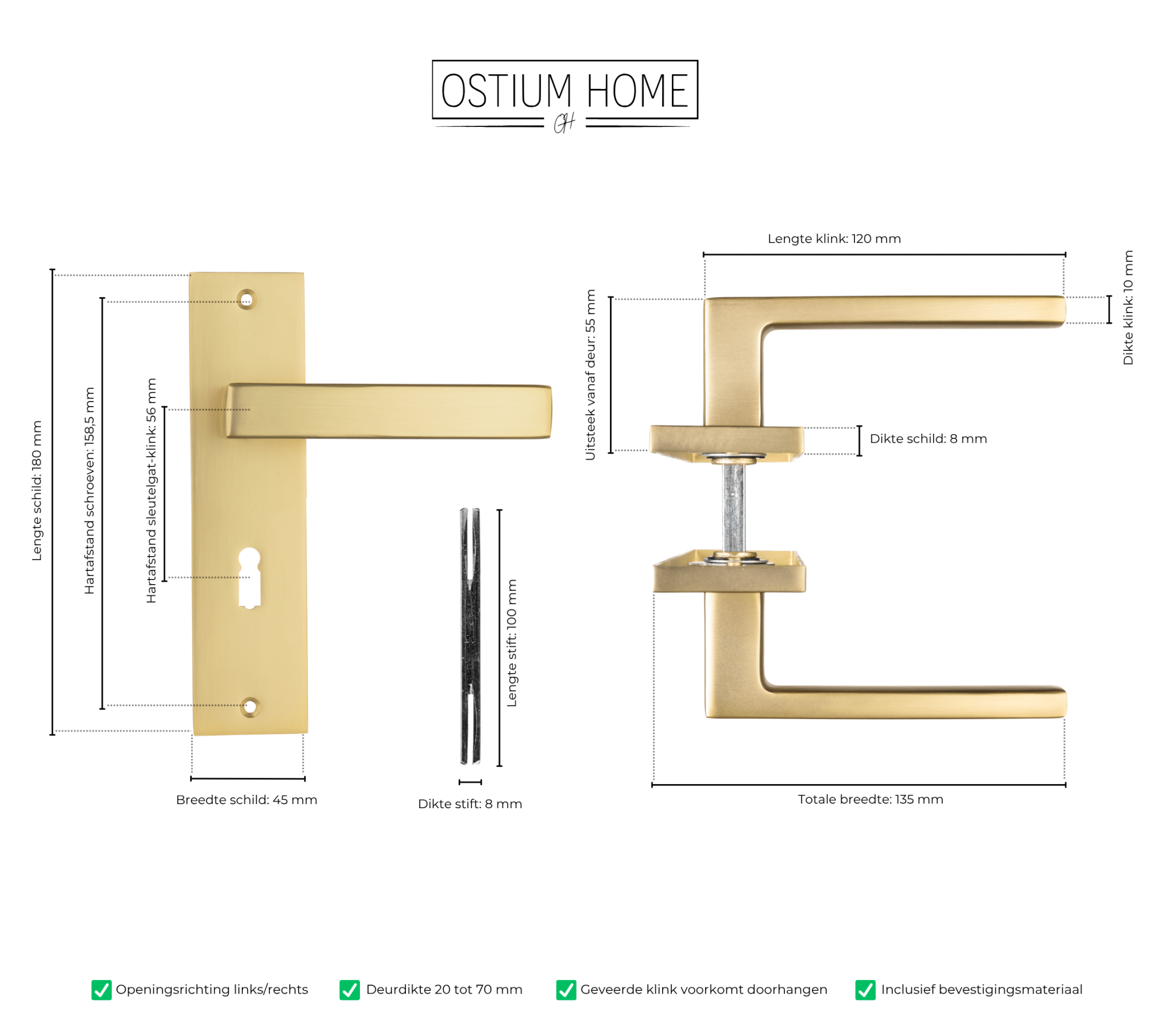 Technische tekening van gouden deurklink op kort schild met sleutelgat van Ostiumhome