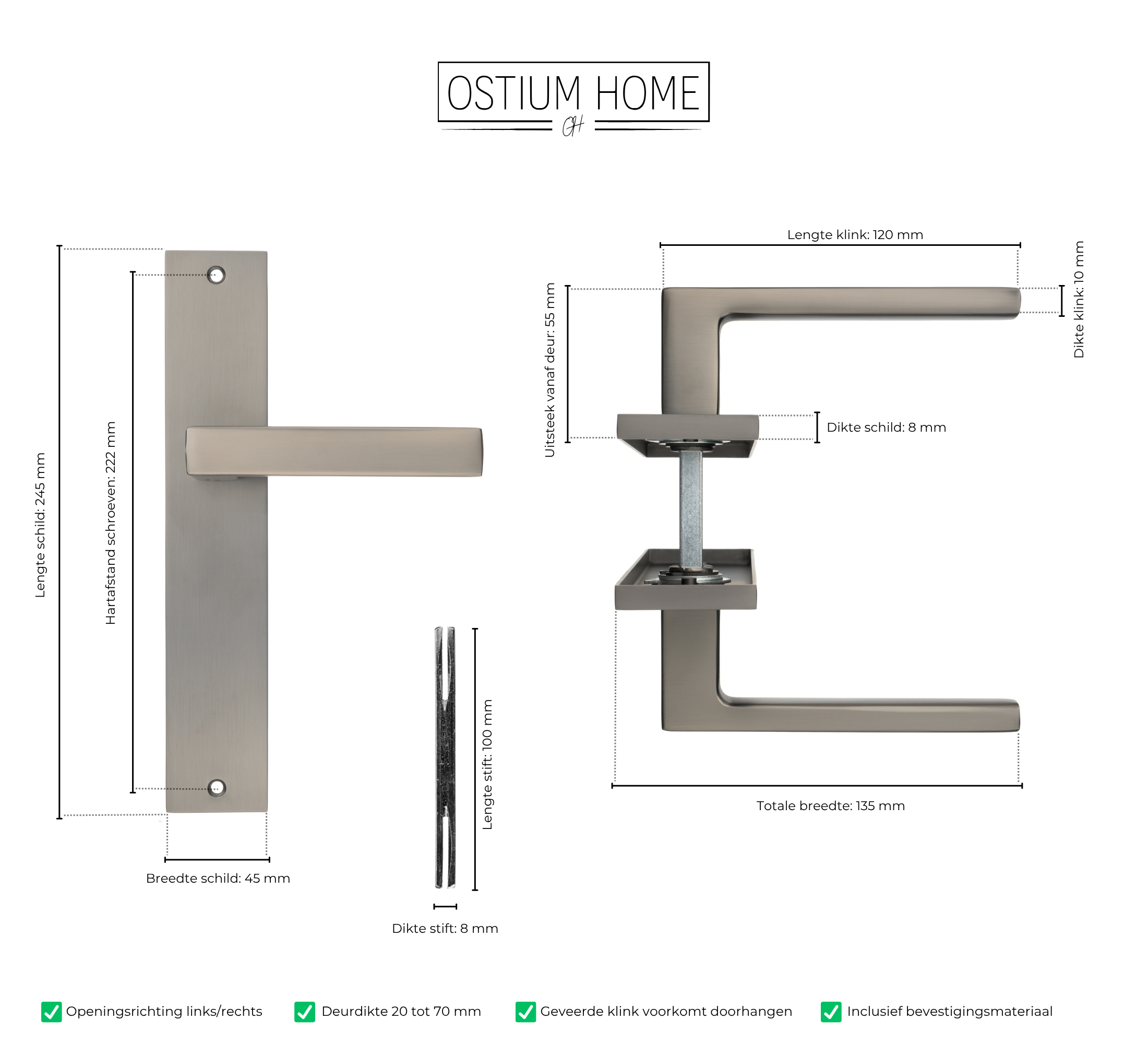 afmetingen van deurklink op lang gun metal schild van Ostiumhome