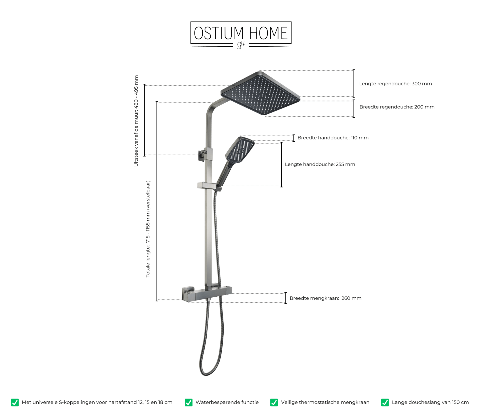 Afmetingen van de thermostatische regendouche van Ostiumhome in Gun Metal