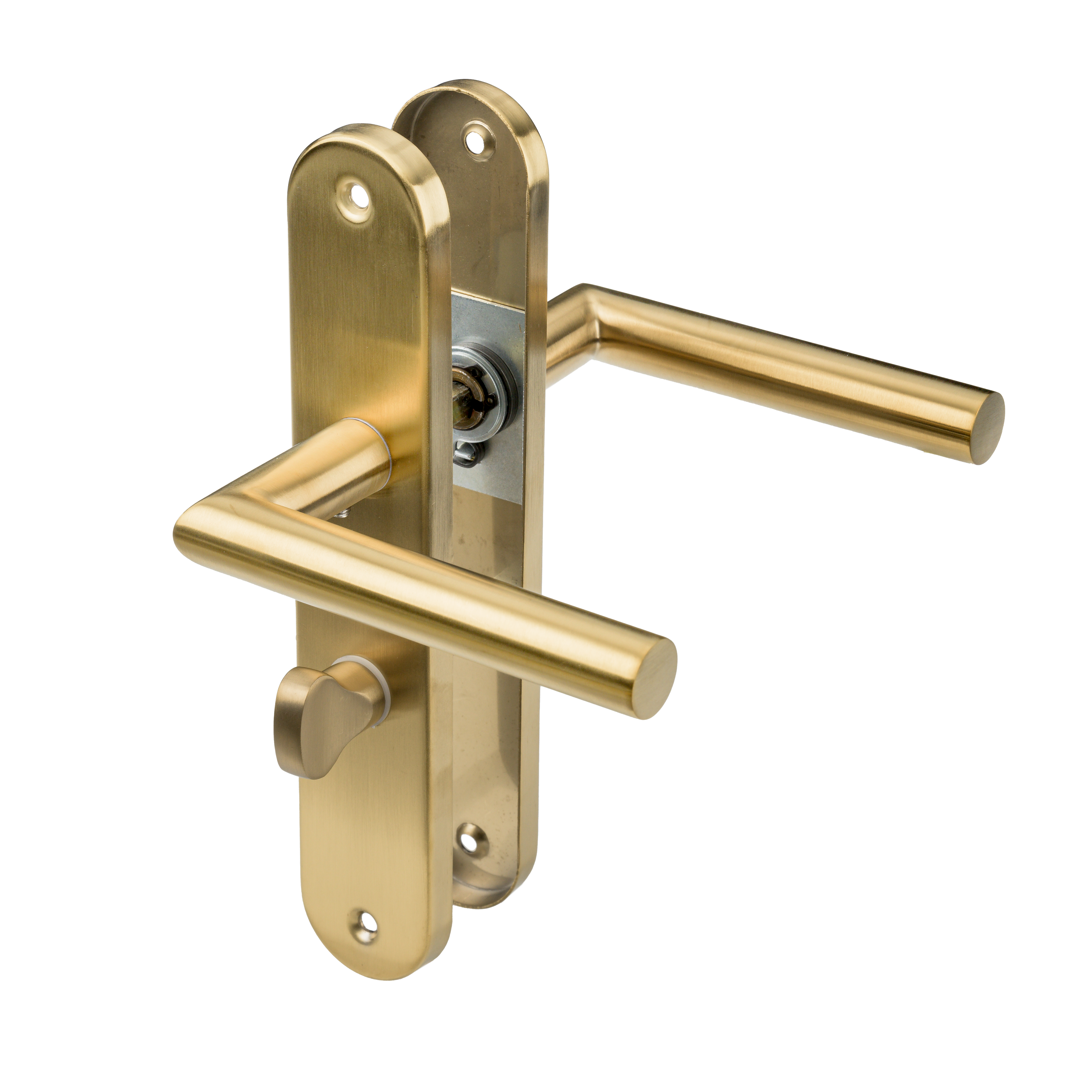 Türbeschläge Mattgold auf rundem Schild mit WC-Schloss 64 mm – Andria