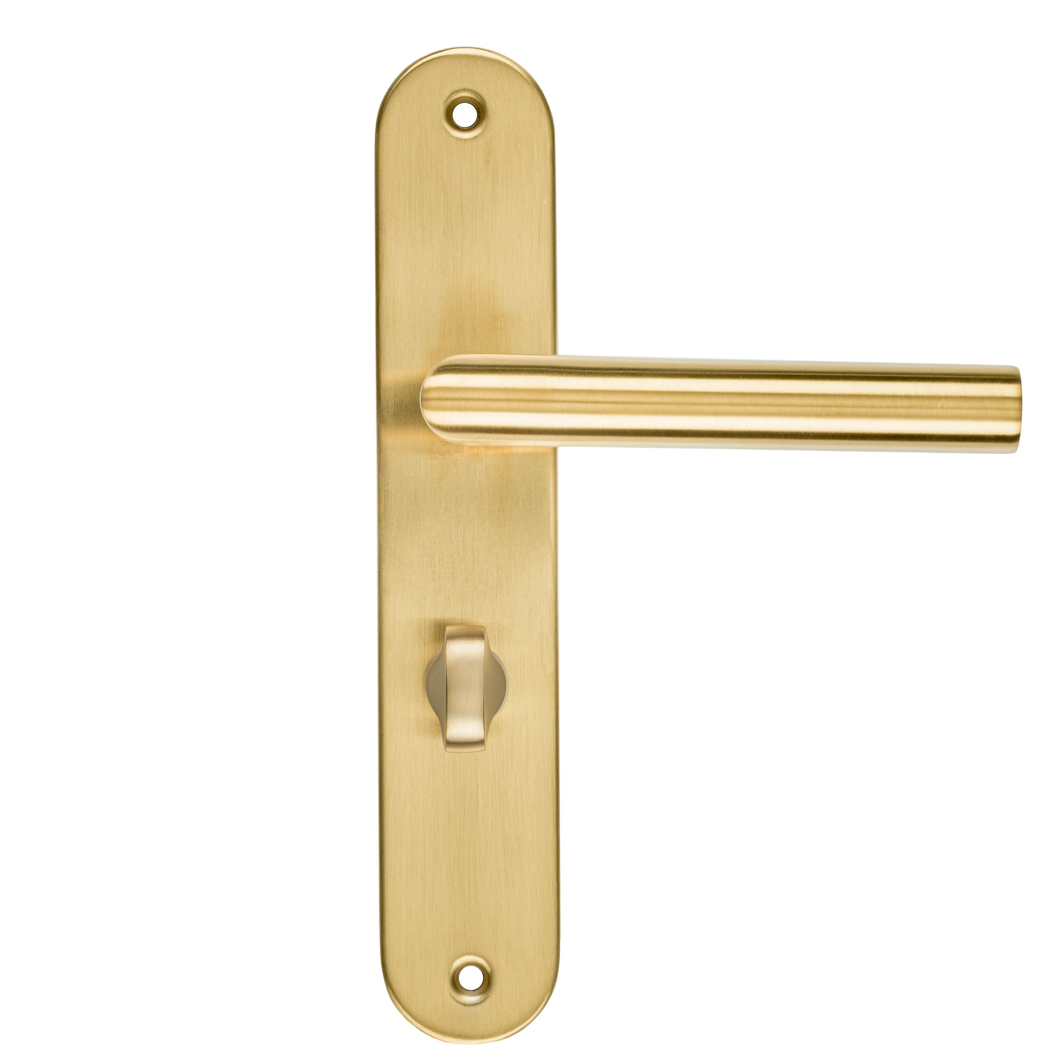 Türbeschläge Mattgold auf rundem Schild mit WC-Schloss 64 mm – Andria