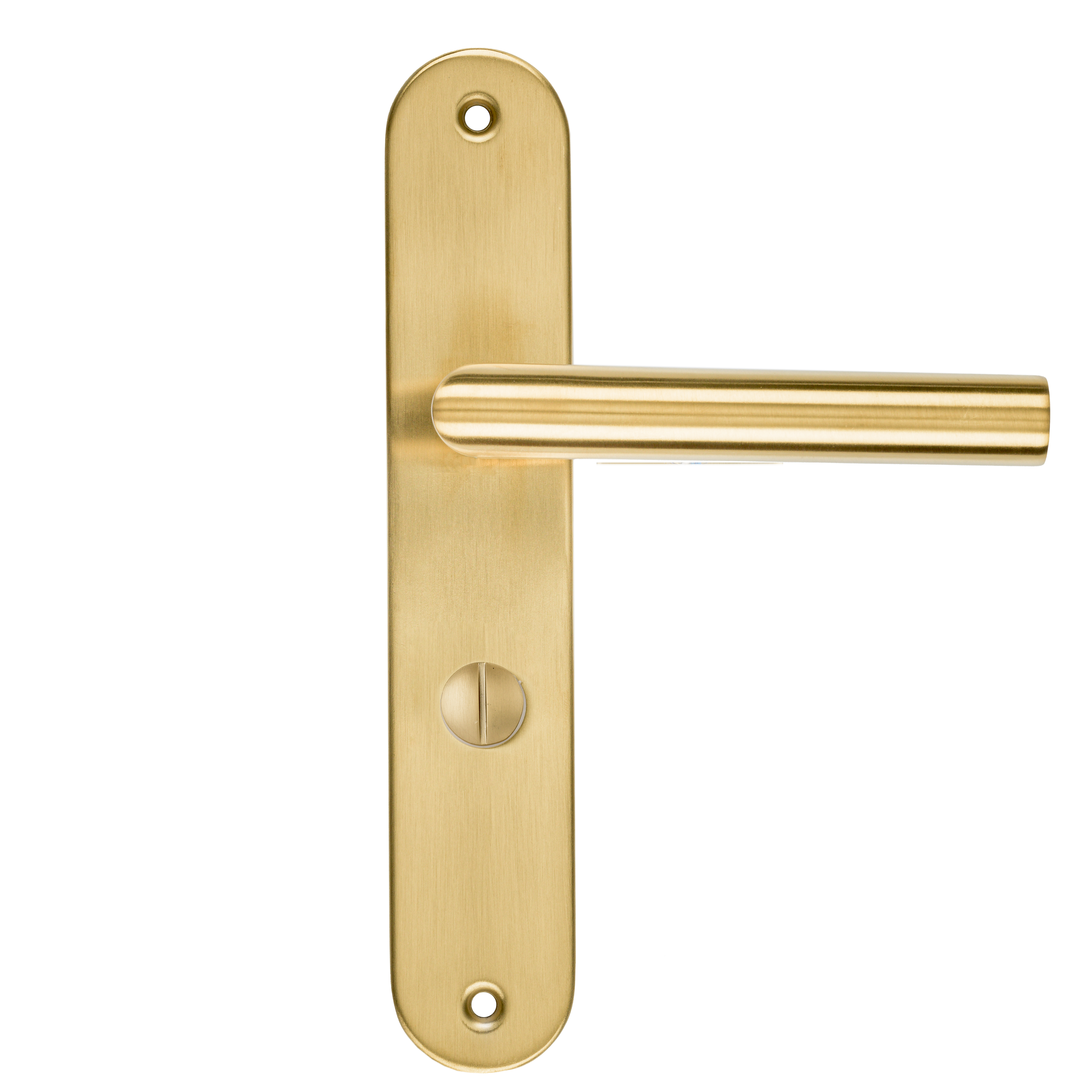 Türbeschläge Mattgold auf rundem Schild mit WC-Schloss 64 mm – Andria