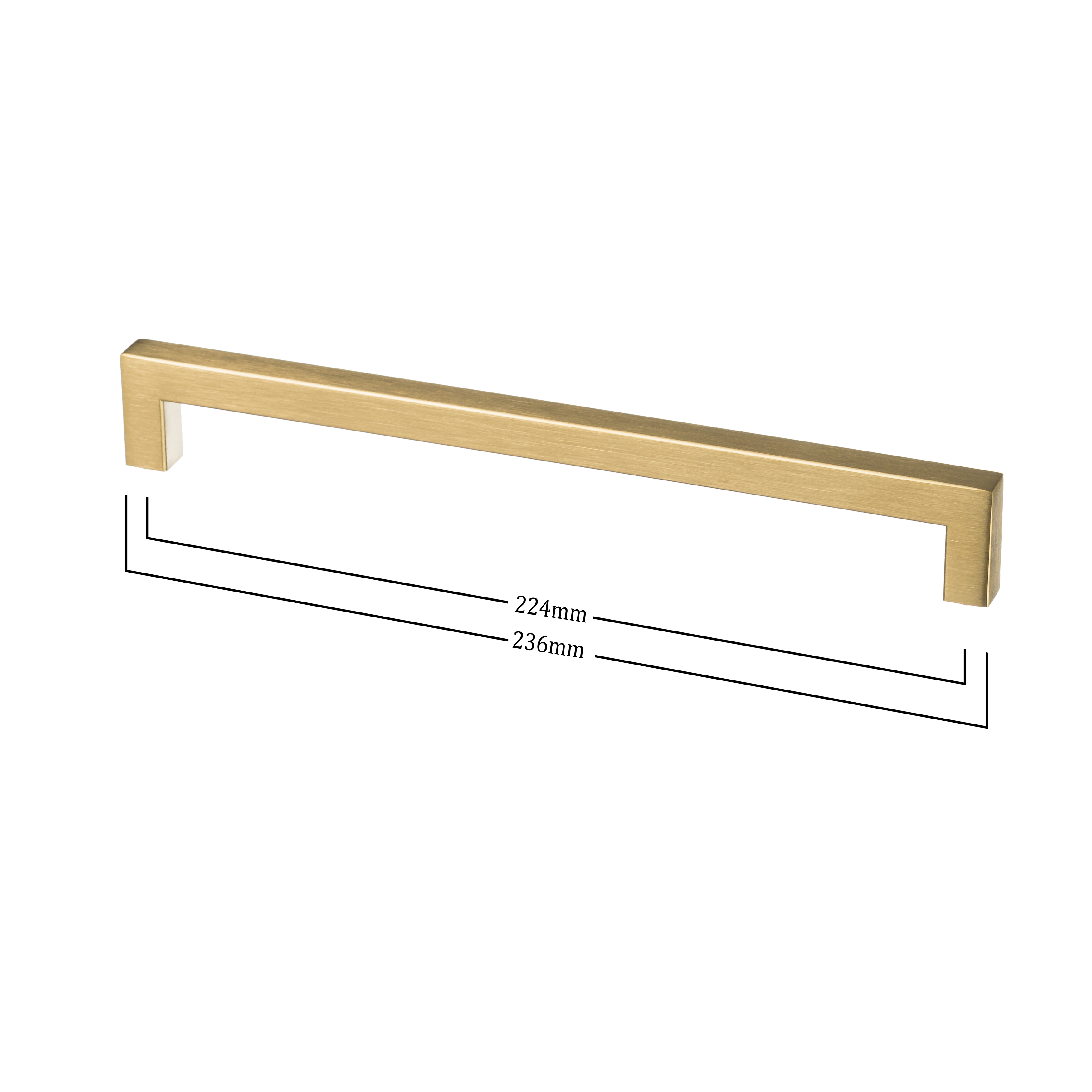Vooraanzicht van de Mat Gouden Handgreep van Ostiumhome met afmeting 224/236 mm.