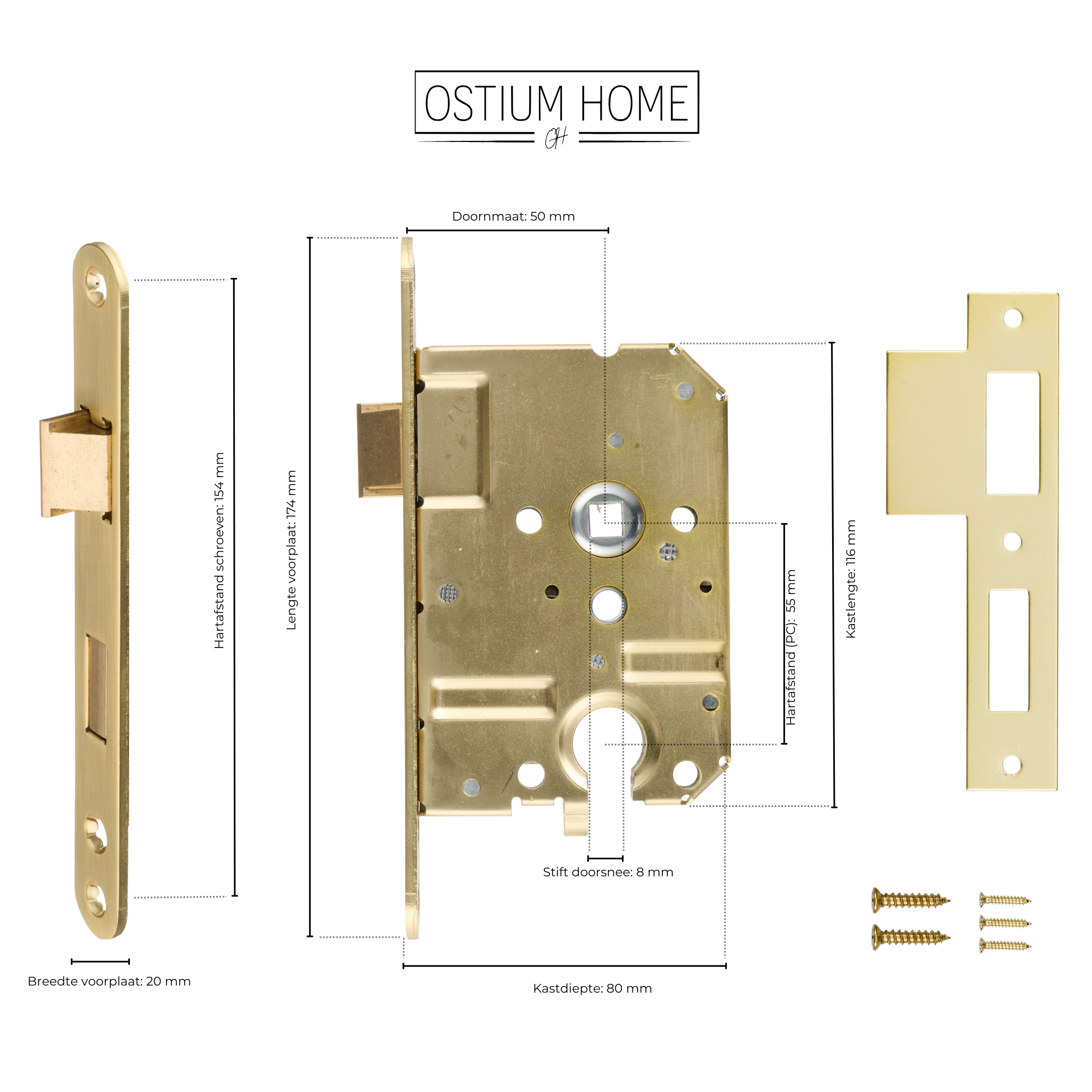 Technische tekening van het Ostiumhome gouden loopslot met Cilindergat.