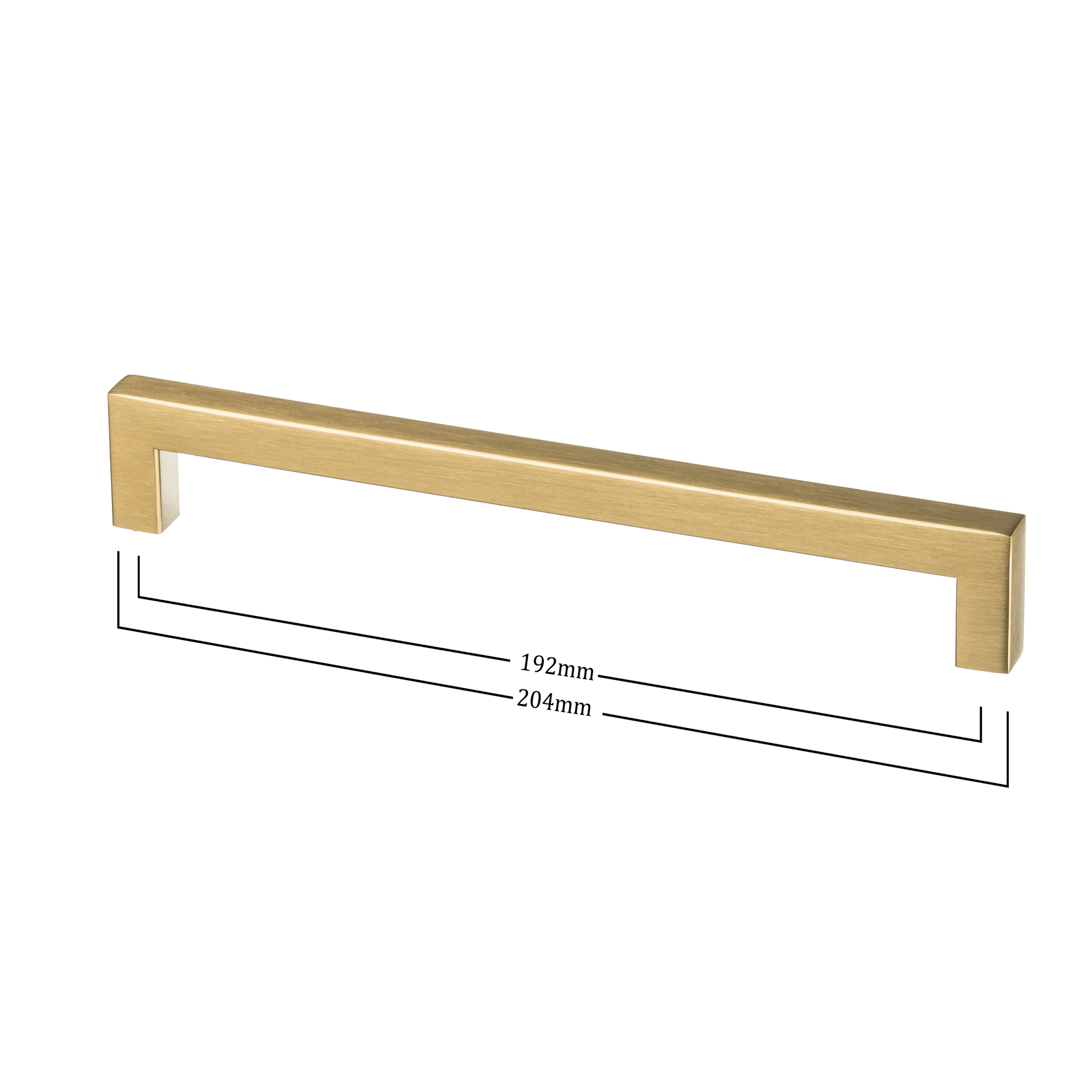 Vooraanzicht inclusief afmetingen van de gouden handgreep van Ostiumhome, 192mm/204mm.