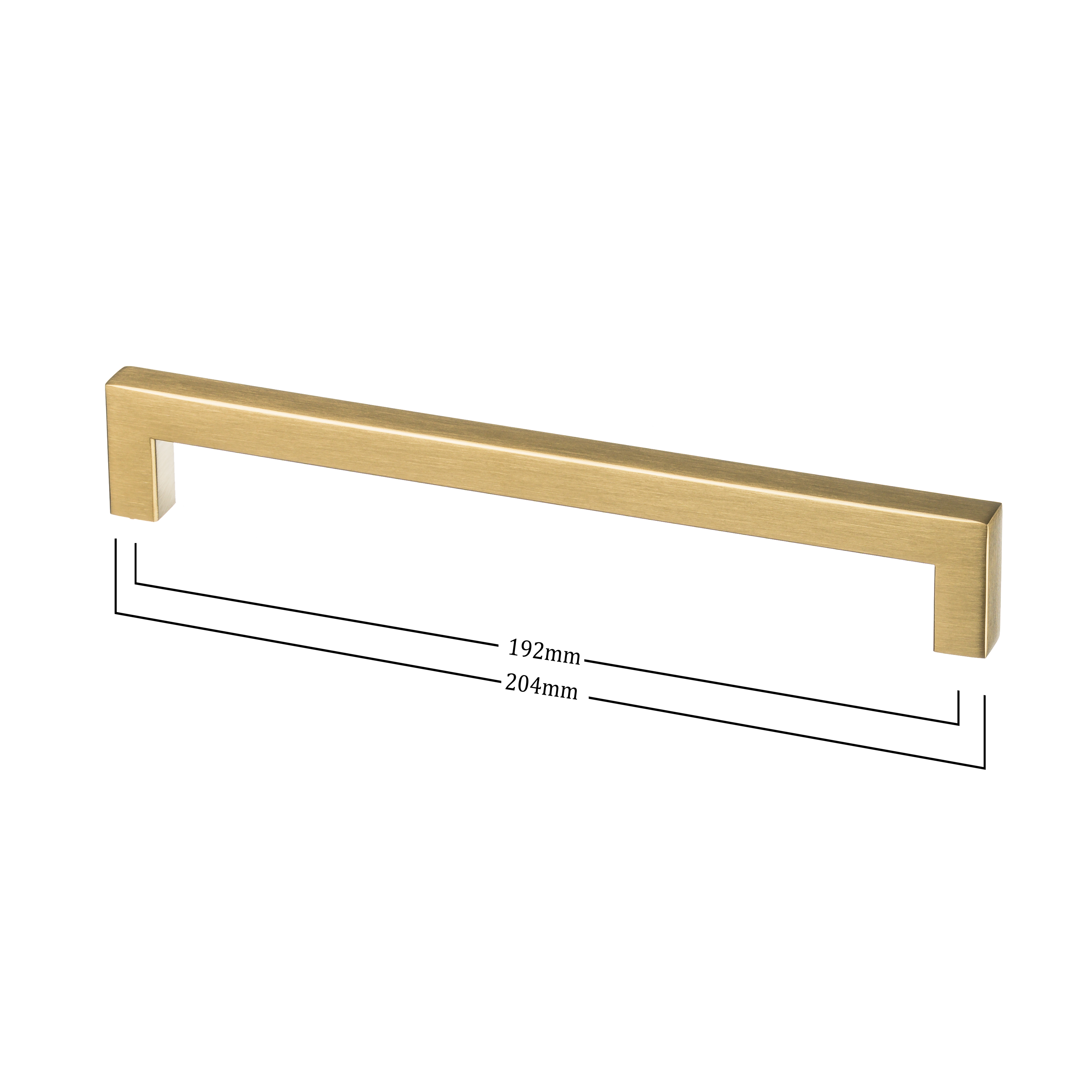 Vooraanzicht inclusief afmetingen van de gouden handgreep van Ostiumhome, 192mm/204mm.